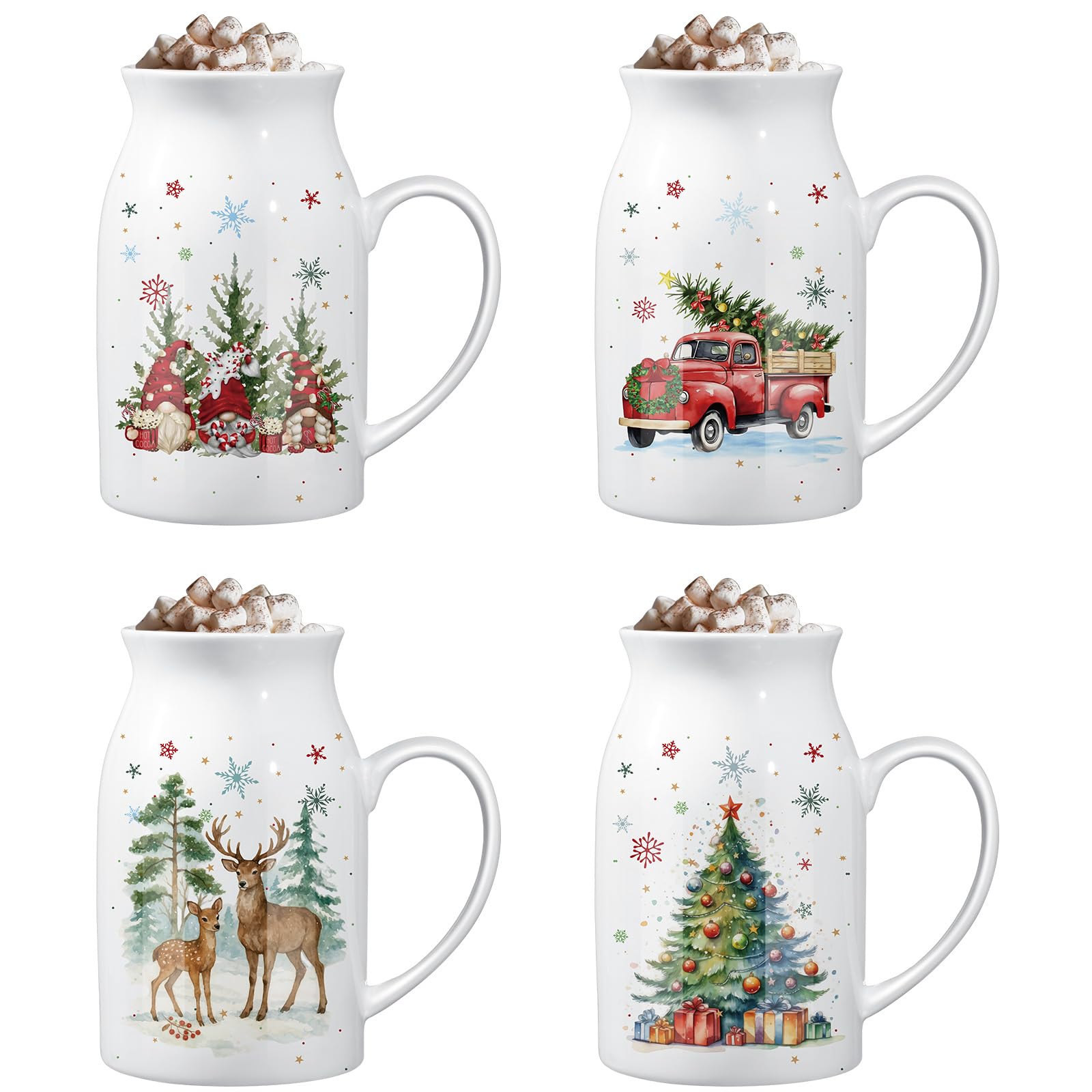 13.5 oz Ceramic Christmas Mugs Set of 4 with Gift Box Xmas Coffee Mugs with Festive Pattern Design Reindeer Xmas Tree Snowman Truck Christmas Gifts for Women Men(Watercolor)