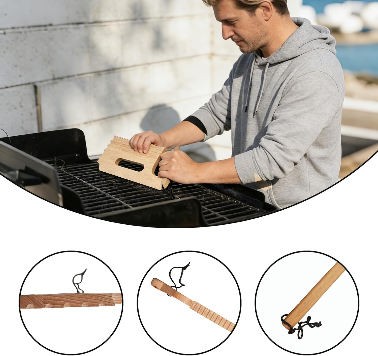 Wood Grill Scraper, Brush Natural Hardwood BBQ Cleaner, Safe for Grill Grates, with Built in Lanyard Hanging Loop for Outdoor BBQ Camping image 3