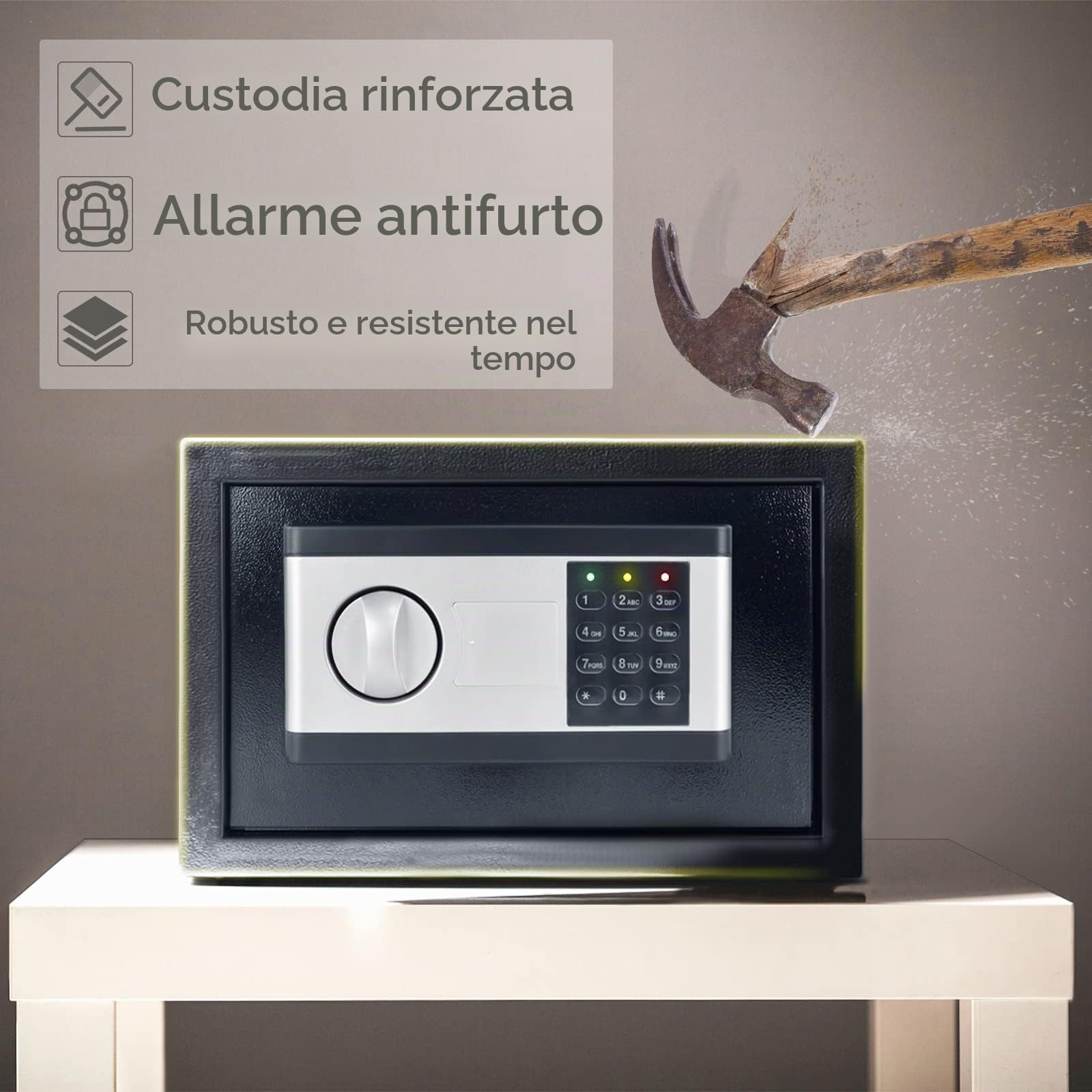 NAIZY Mini cassaforte antifuoco impermeabile con illuminazione interna box batterie chiave di sicurezza allarme acciaio mobile 12L nero+argento