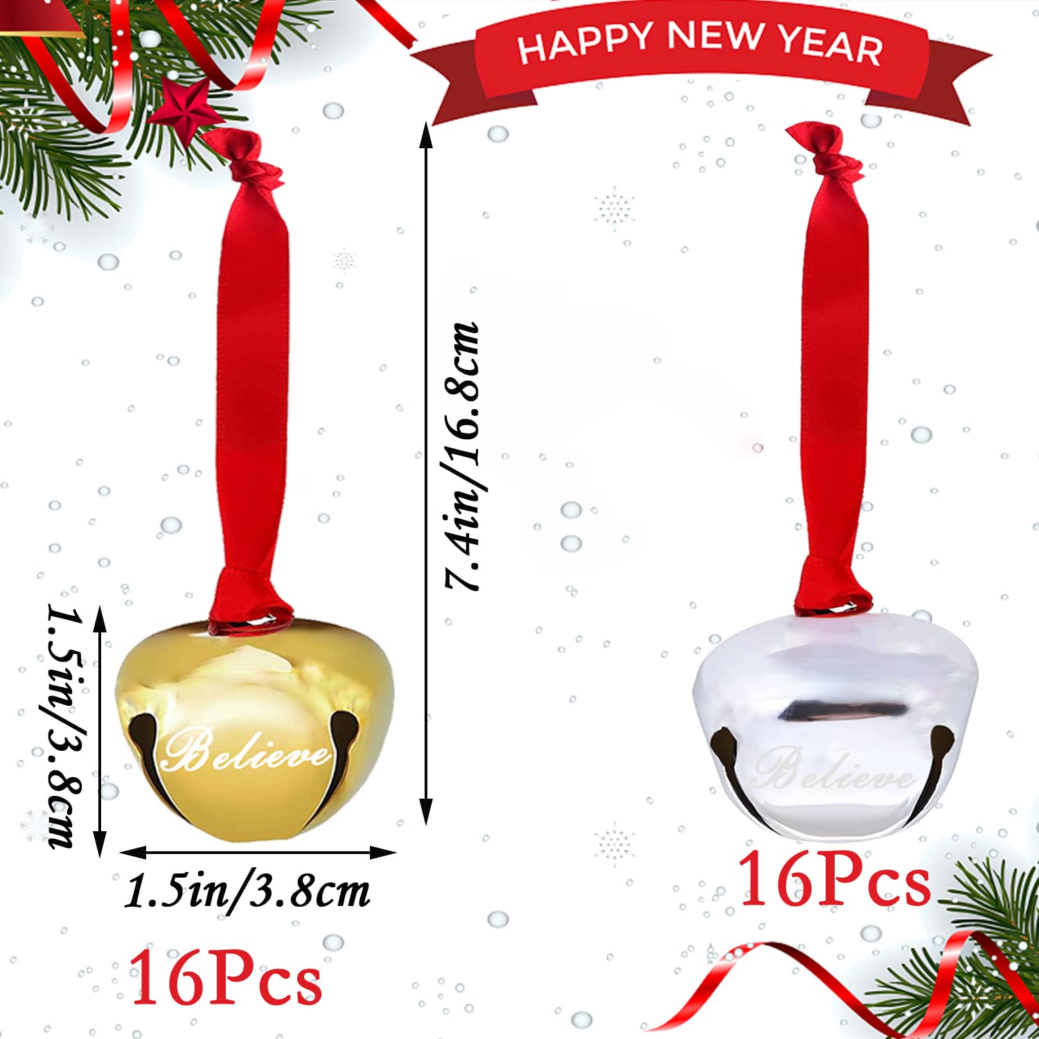 32 pezzi 3,6 pollici Believe Bells, campanelle per albero di Natale, campane Polar Express per fai da te, vacanze, artigianato, casa, decorazioni per matrimoni (oro+argento)
