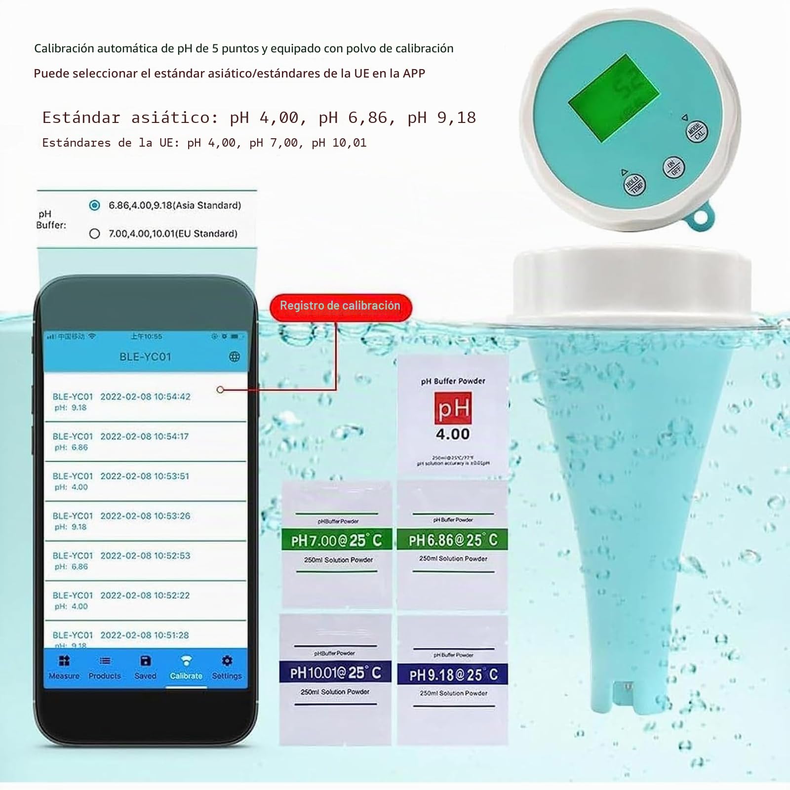 Comprobador de agua digital para piscina 6 en 1 con conexión a aplicación, medición profesional de PH, redox, cloro, EC y temperatura, detector de calidad del agua