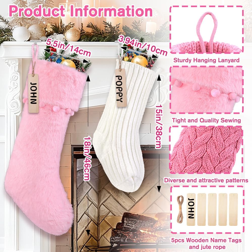 5 Packs Christmas Knitted Hanging Stockings,Xmas Large Farmhouse Rustic Neutral Cable Knit Personal Stockings Decorations for Christmas Tree Fireplace Family Holiday Party Decor(18in 15in) - Image 2