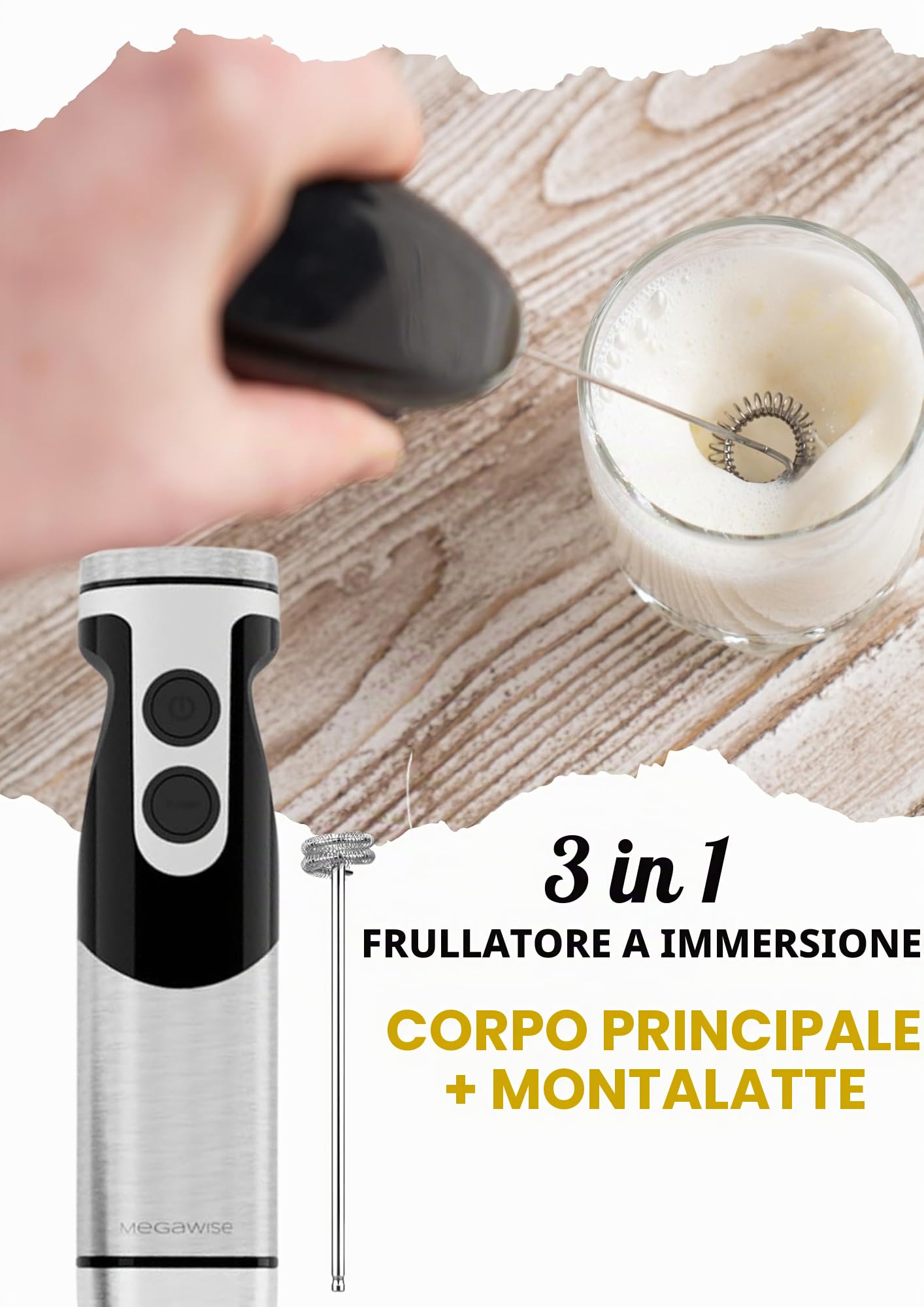 Frullatore a immersione MegaWise Pro Titanium Reinforced 3 in 1, potente motore in rame con lame più affilate dell'80%, frullatore con cavo a 12 velocità, frusta di sicurezza e montalatte inclusi