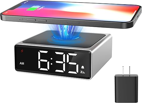 MeesMeek Reloj despertador de carga inalámbrica - Reloj con cargador inalámbrico de metal LED transparente con 3 brillos 1224H Snooze para mesita de
