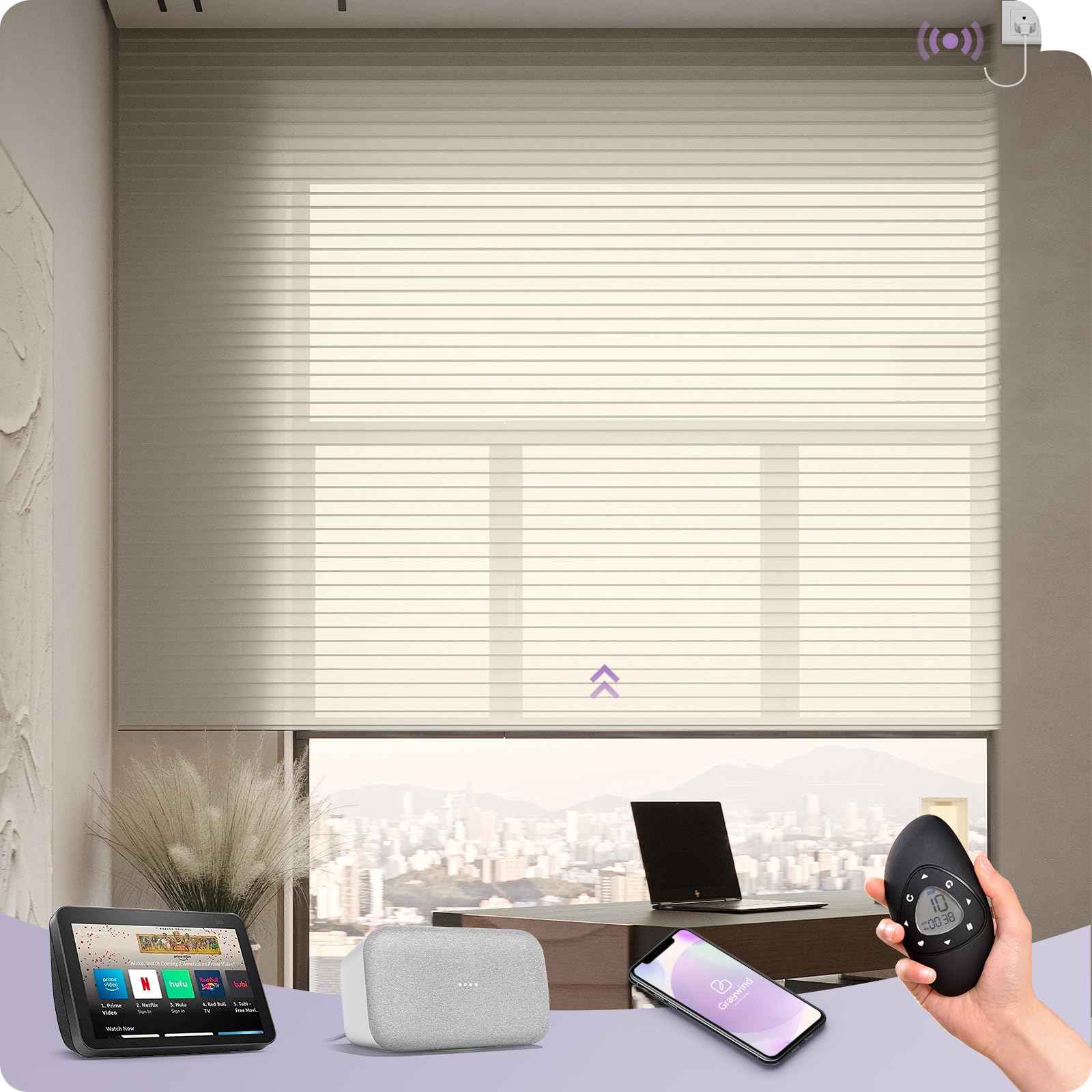 Graywind Customized Smart Shangrila Blinds with WiFi Hardwired Motor, Light Filtering Electric Roller Blinds With Remote Control, Privacy Motorised Shades Compatible Alexa Google, Beige