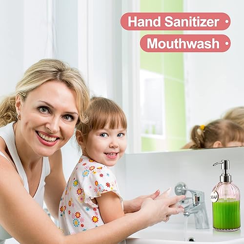 Miniatura 3 de Dispensador de Jabón de 16OZ con Bomba de Acero Inoxidable 304, Dispensador de Jabón Recargable de Vidrio Transparente con Rayas de Moda,