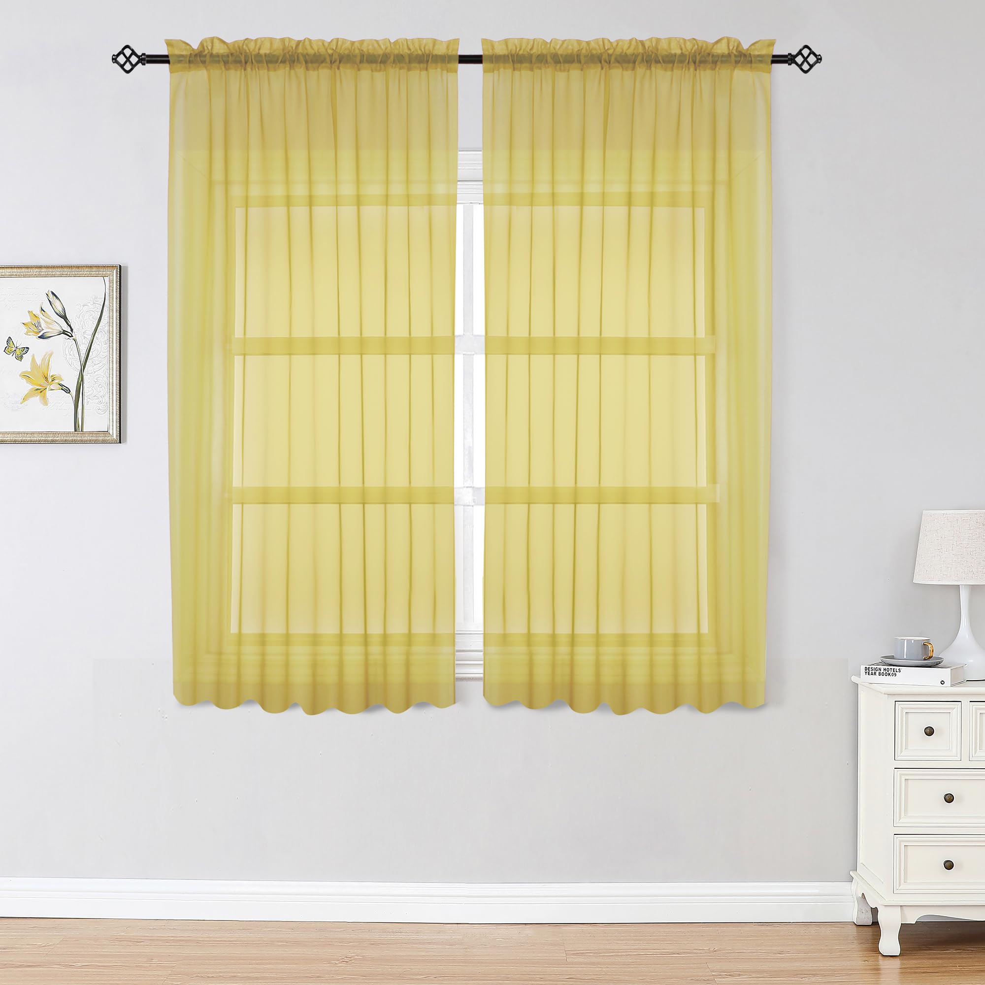 OWENIE Sheer Curtains 63 inch Length 2 Panels Set, Ivory Sheer Cutains Short Curtains for Bedroom/Living Room, Rod Pocket Voile Fimly Sheer Drapes,