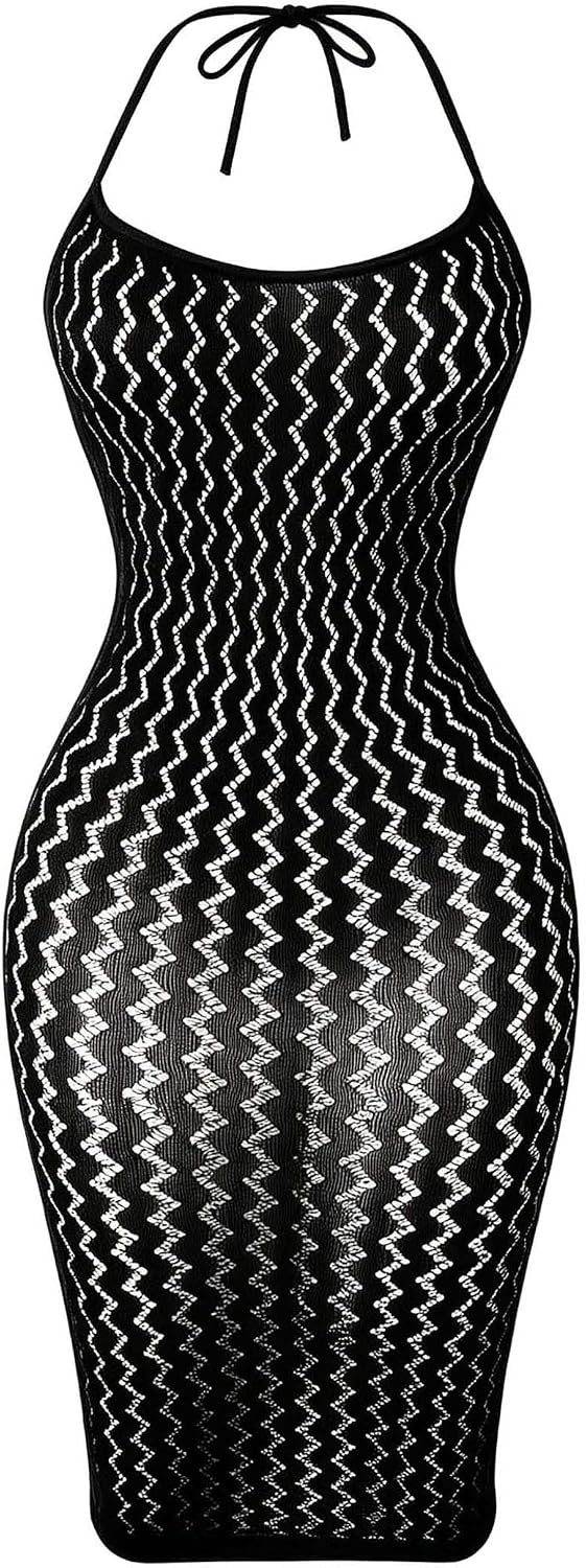 Women's Sheer Mesh Halter Tie Bodycon Dress, Fishnet Beach Cover Up Dresses