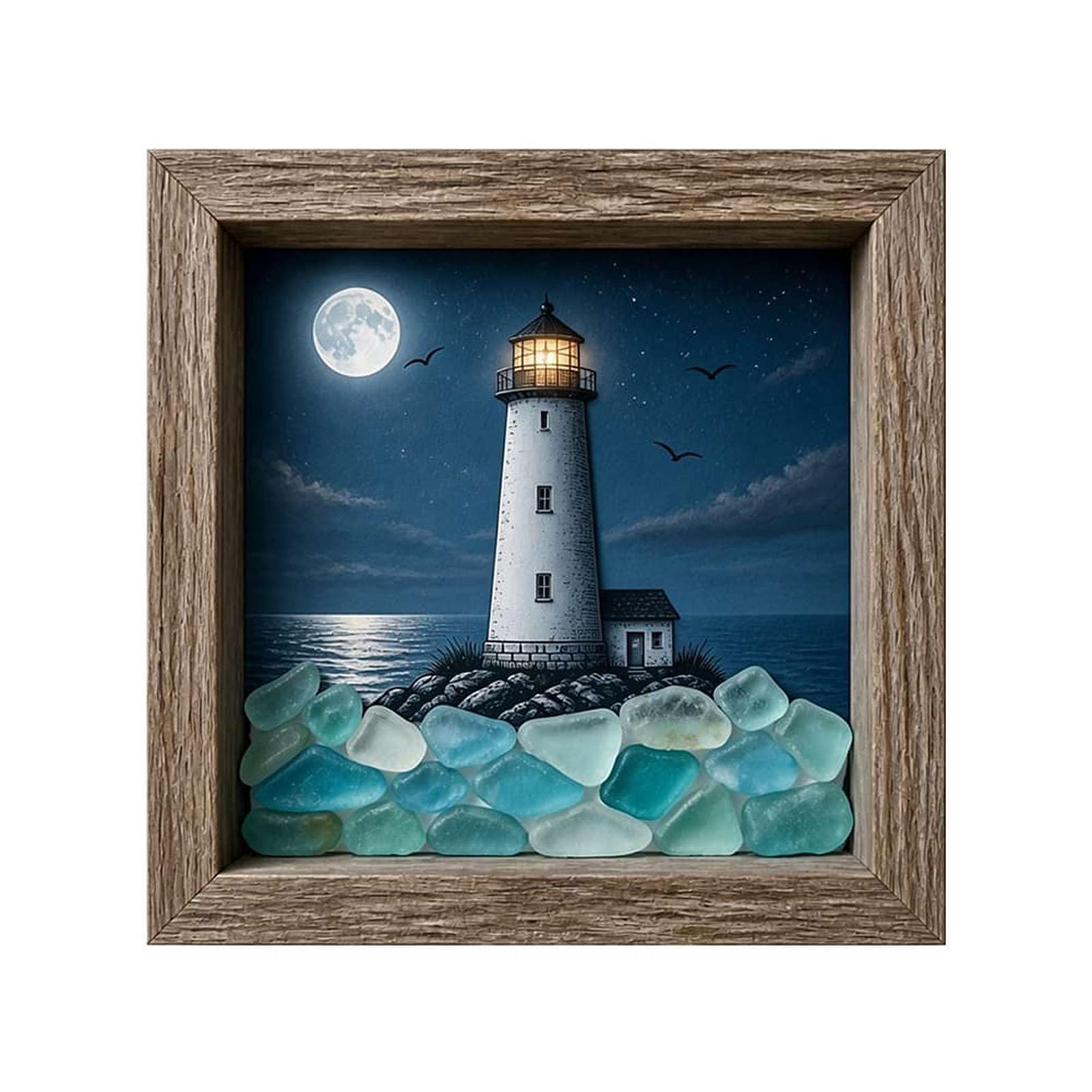 Coastal Lighthouse Sea Glass Night Light, Handmade Sea Glass Shadow Box with LED Warm Glow, Healing Seaside Bedroom Decor for Adults Starfish Shells Art Bedside Lamp Gifts (style C)