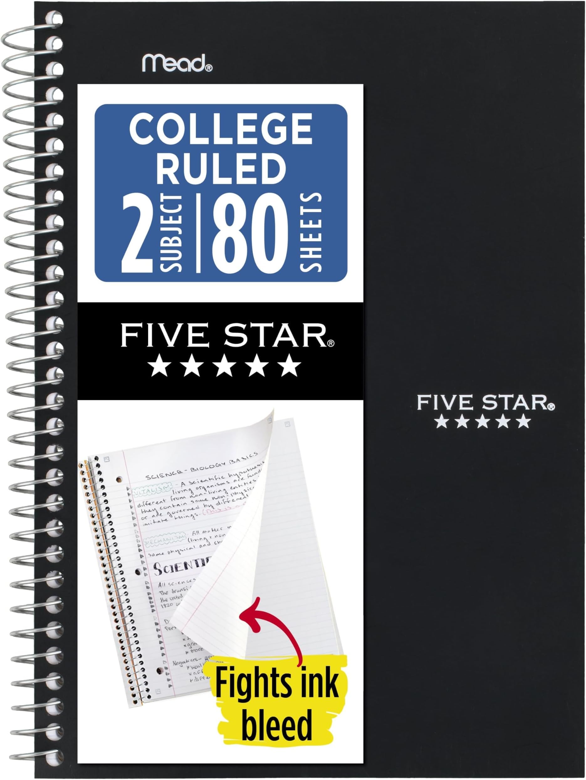 Five Star Spiral Notebook, 2 Subject, College Ruled Paper, 6" x 9-1/2", 80 Sheets, Fights Ink Bleed, Water Resistant Cover, Black (840029AA2-ECM), (Pack of 12)