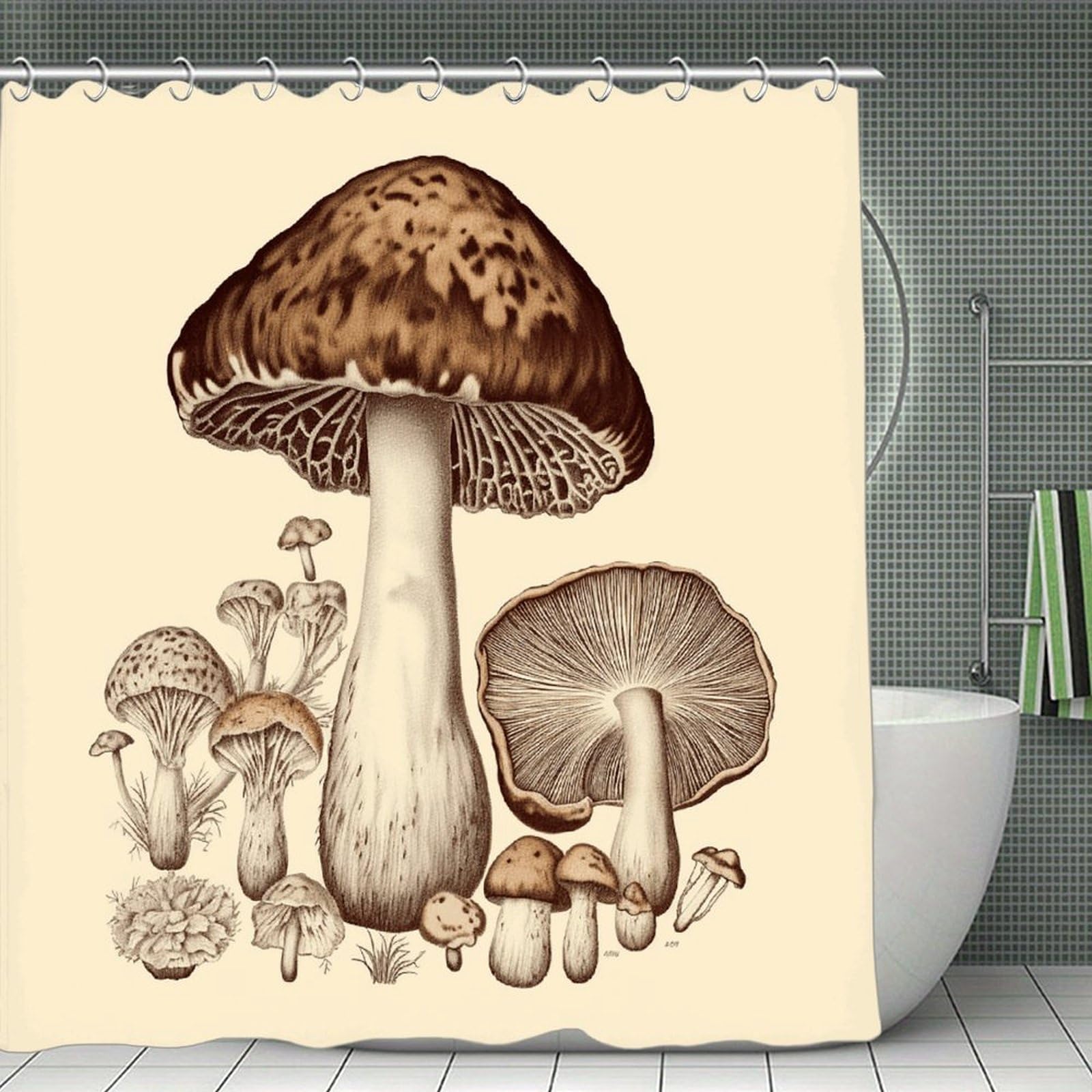 VstaDank Vintage Mushrooms Drawing Shower Curtain 71x71 Heavy Duty Polyester Cloth Bath Curtain with Hooks Thick Waterproof Shower Liner Fun Magic Decorative Bathroom Curtains for Bathtub