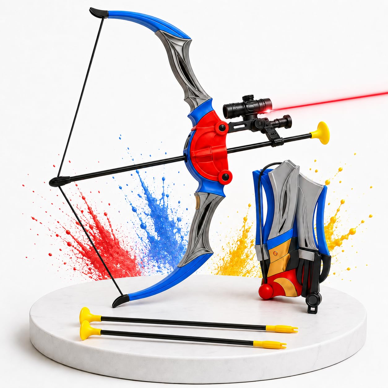 Toyana Kids Bow & Arrow Set, Foldable Bow with Infrared Aiming & 3 Suction Darts Arrows, Indoor Outdoor Target Practice, Sports Active Playset, Portable Archery Gift Set for Children 3+ Years