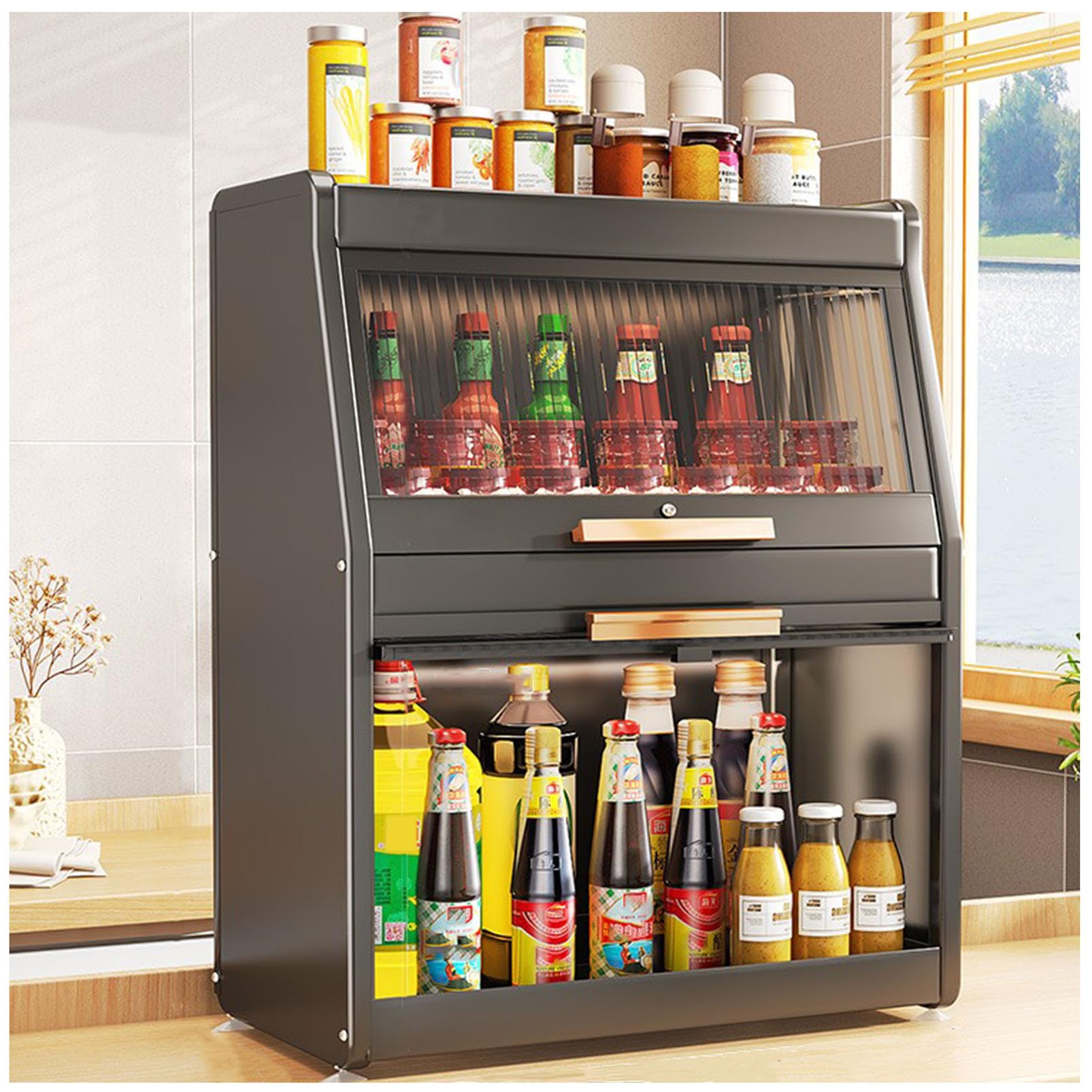 Organizador de especias para encimera de cocina, armario de almacenamiento de condimentos de acero resistente con puertas, mini organizador de despensa que ahorra espacio para un almacenamiento