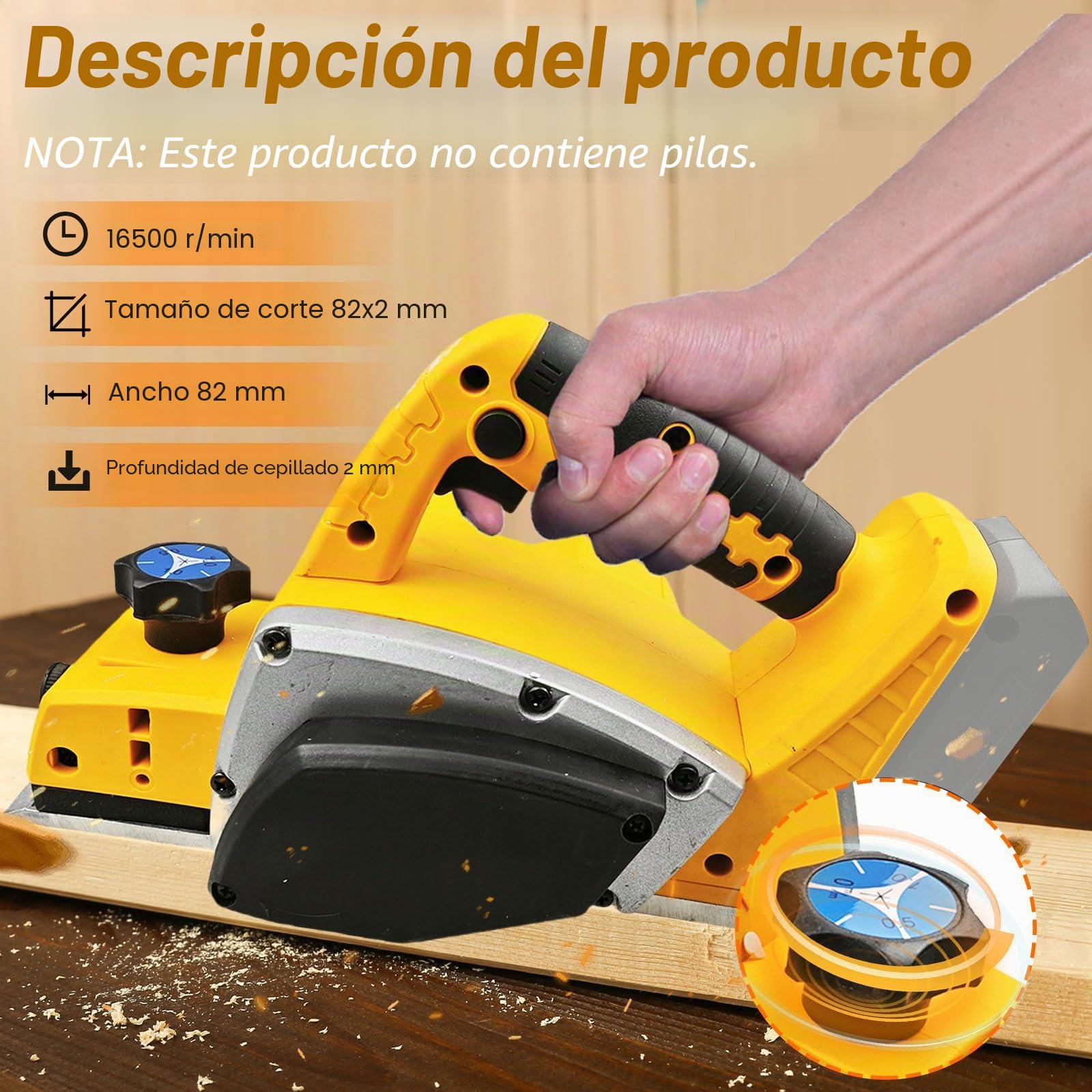 Cepilladora eléctrica (20 V, 16500 rpm, ancho 82 mm, profundidad ajustable 0-2 mm, cepilladora manual para carpintería y bricolaje (sin batería)