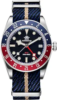 ADDIESDIVE メンズ腕時計 GMT クォーツウォッチ 男性用 200m 防水 デュアルタイムゾーン カレンダーウォッチ, ブラックナイロンブルー。, ストラップ