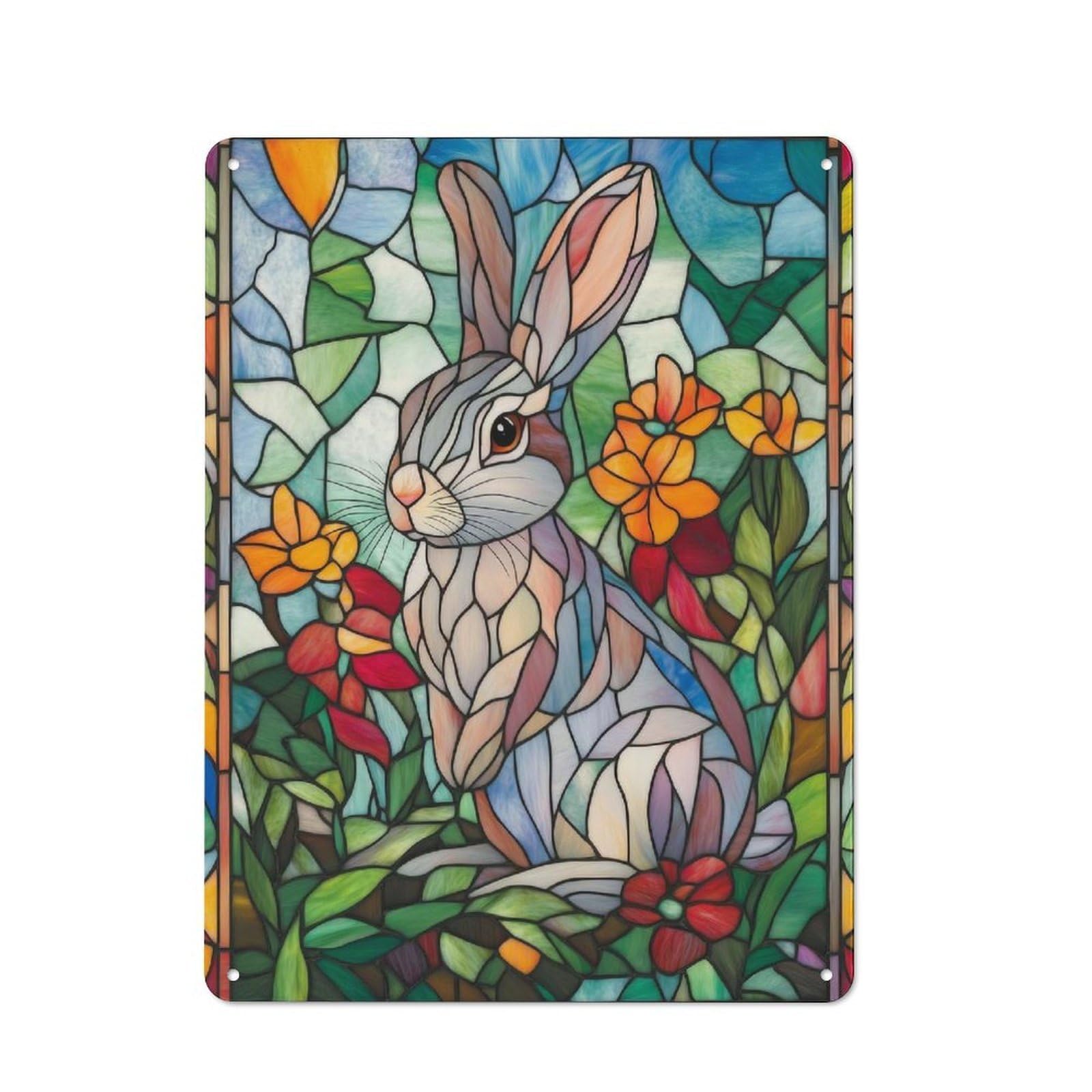 Junmoney Stained Glass Rabbit Metal Wall Sign 40X30cm Featuring For Living Room Wall, For Decorating Living Rooms And Feature Walls