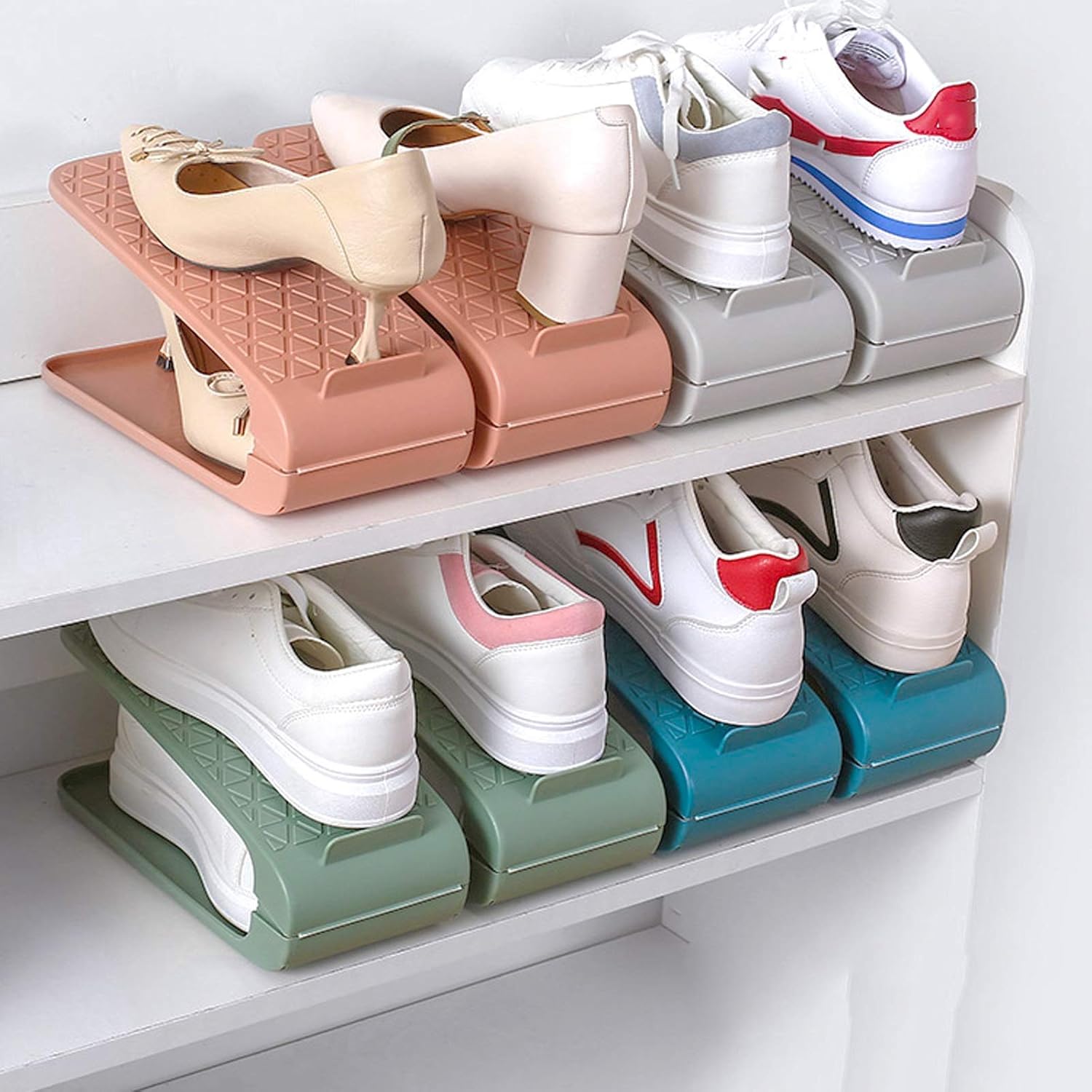 Adjustable Shoe Slots Shoe Rack 2 Tier Space-Saver Storage Organizer Shoe Cabinet Home Dormitory Living Room 11X26.5X6-20CM (Color : Blue Size : 16 pc) (Blue 8 pc)