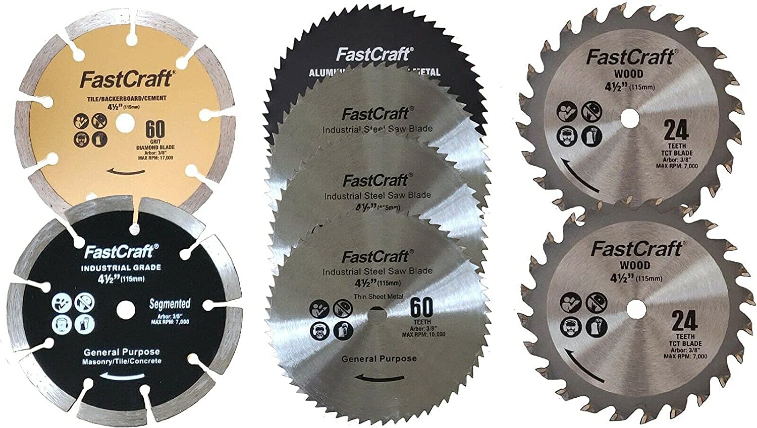 FastCraft 8pc 4.5" Mini Compact Saw Blades 4-1/2"- All Industrial & PRO Grade (Segmented Diamond Blade, Carbide Tipped Blade, and HCS-HSS Steel Blade) Arbor 3/8" (9.5mm) Guaranteed Power