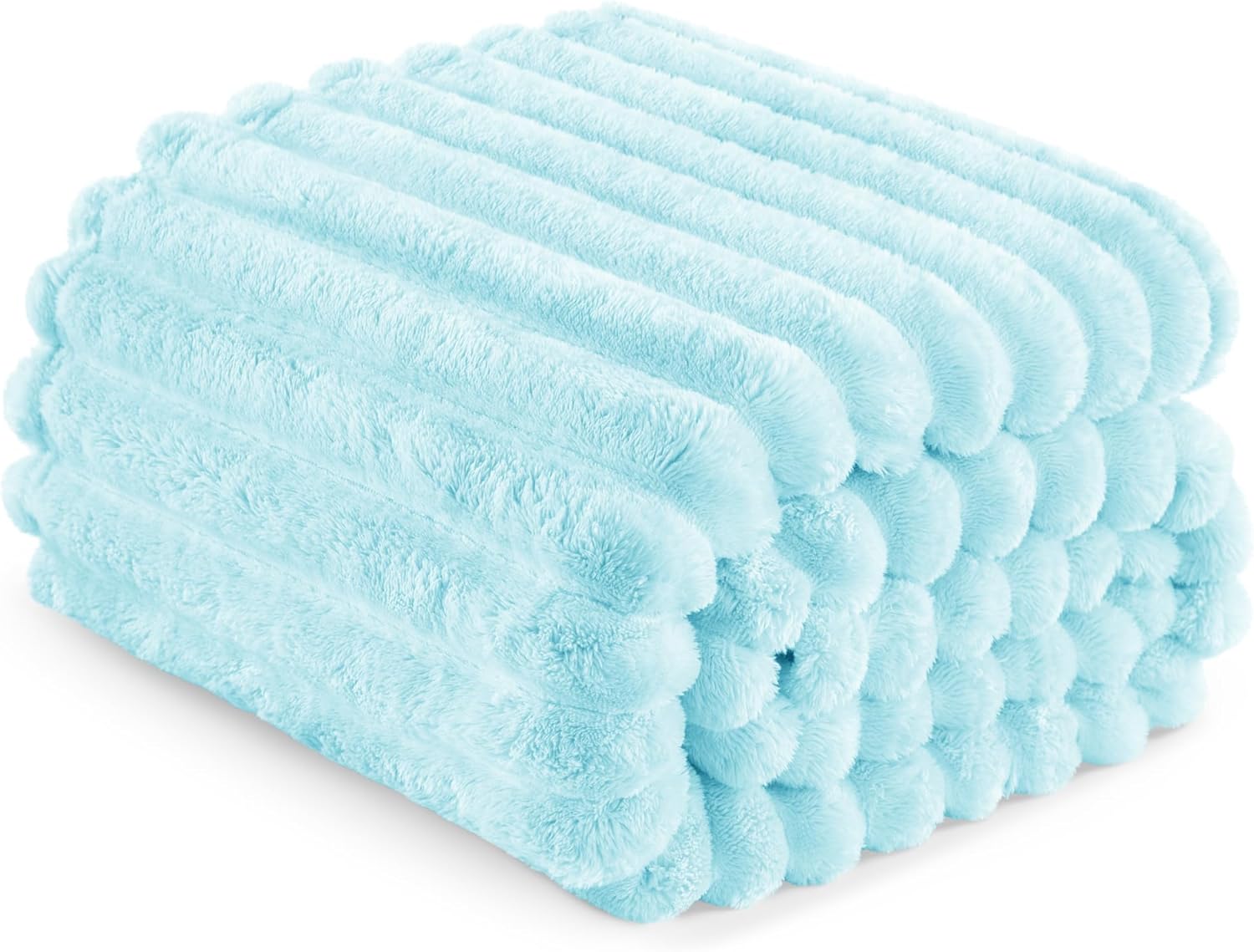 Exclusivo Mezcla Queen Size Flannel Fleece Blanket, Super Soft Striped Jacquard Bed Blanket, Lightweight Fuzzy Cozy for All Seasons, 90x90 Inches, Light Blue - Image 6