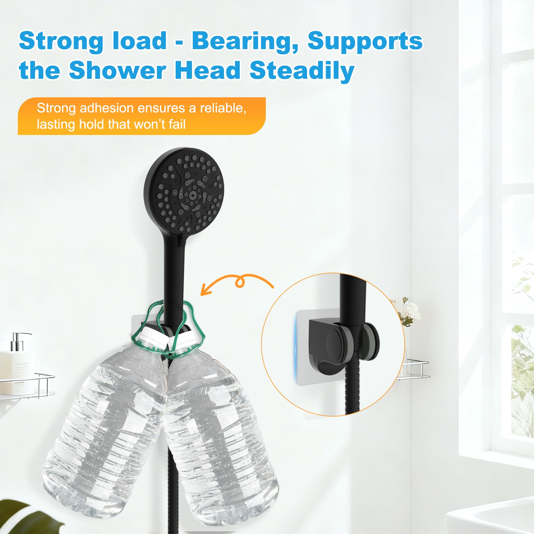 Hibbent Soporte para cabezal de ducha, adhesivo fuerte y resistente al agua, soporte de ducha de mano, soporte de pared, color negro mate