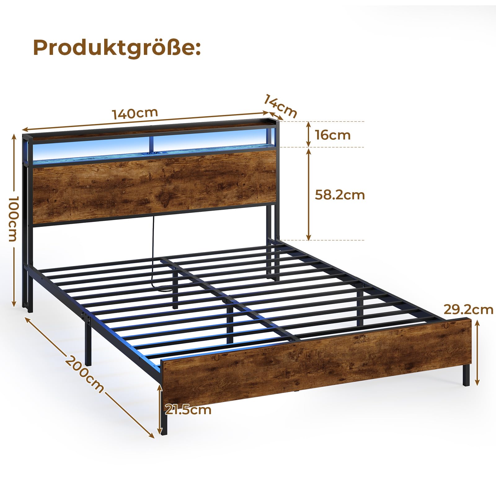 DICTAC Bett 140x200 cm mit LED Beleuchtung,Metall Doppelbett mit Steckdose und USB-Ladefunktion, Bettgestell 140x200 cm mit Holzkopfteil Stauraum, Bettrahmen mit Lattenrost und Stauraum unter dem Bett