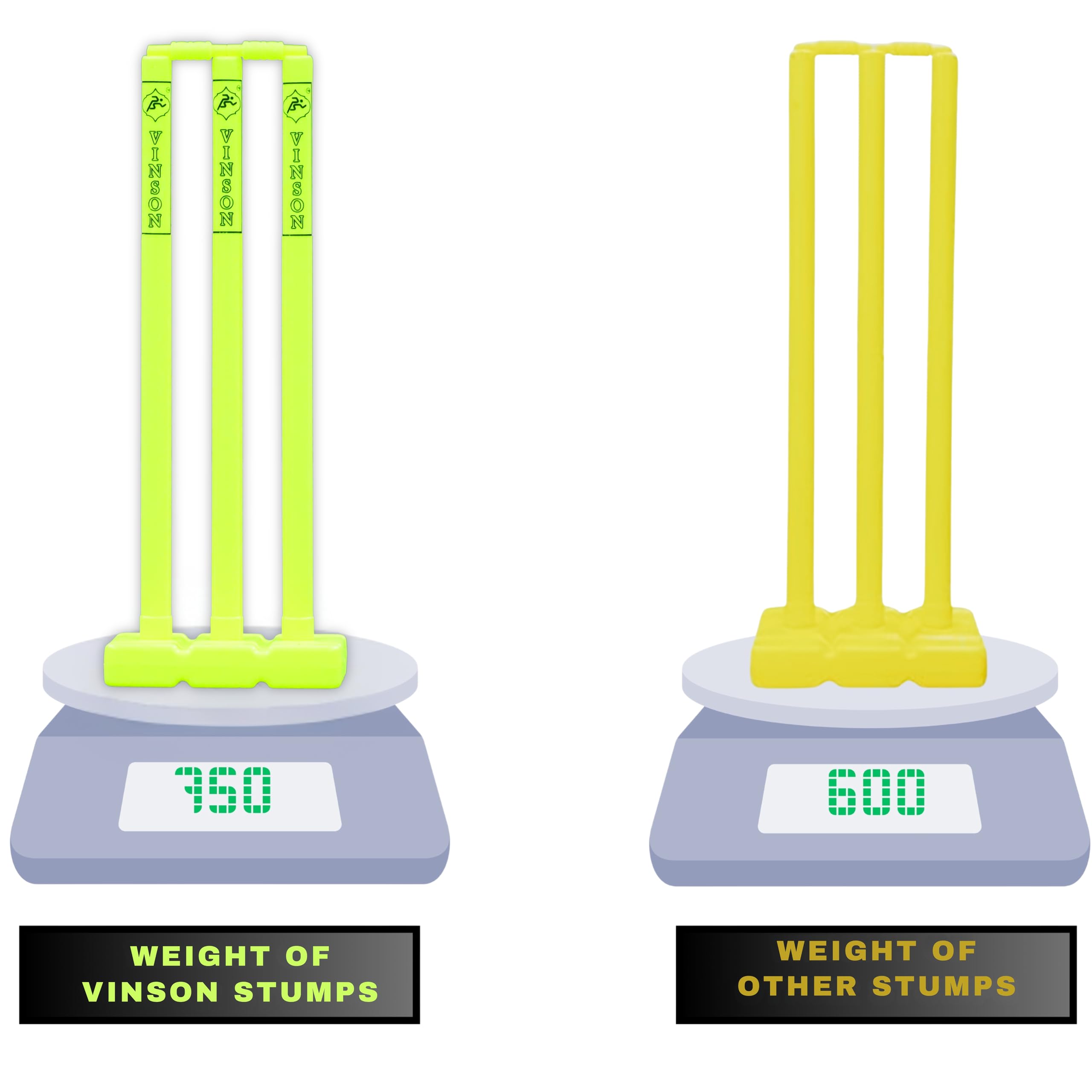 Vinson Senior Heavy Duty Cricket Stumps Set with Zipper Carry Bag for Kids & Adults, Color - Lemon Yellow, Weight - 750 gm, No Water/Mud Needed to Increase The Weight of The Base.