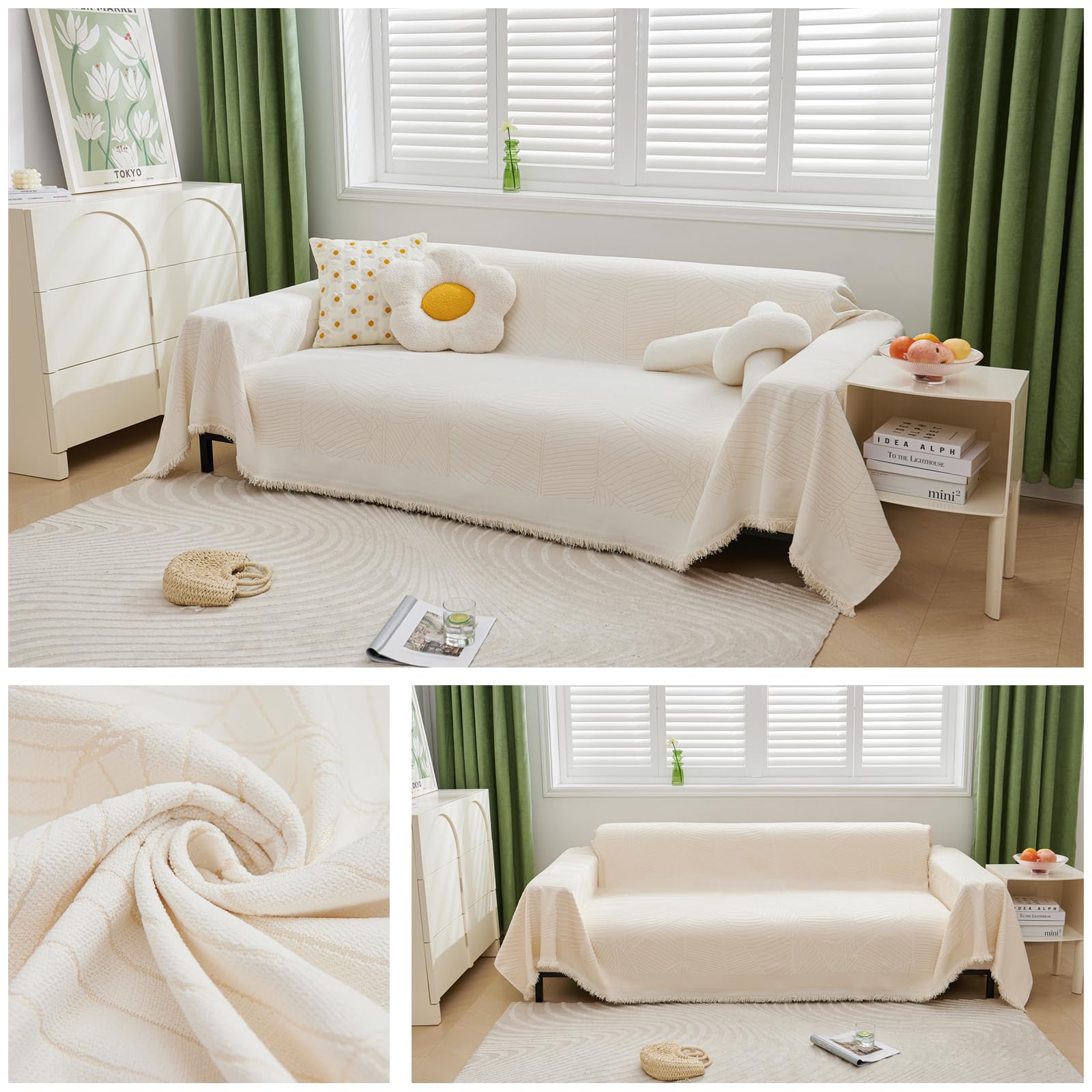 Daesar Bankhoes chenille, bankhoezen 3-zits effen kleur strepen patroon met kwastjes veelzijdige deken zachte plaid voor bed en bank 180 x 300 cm, beige