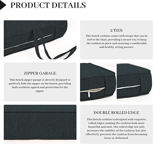 Miniatura 4 de Cojín de banco, cojín de banco para interiores y exteriores con doble ribete, para ventana de interior, banco de piano, columpio de porche, banco de