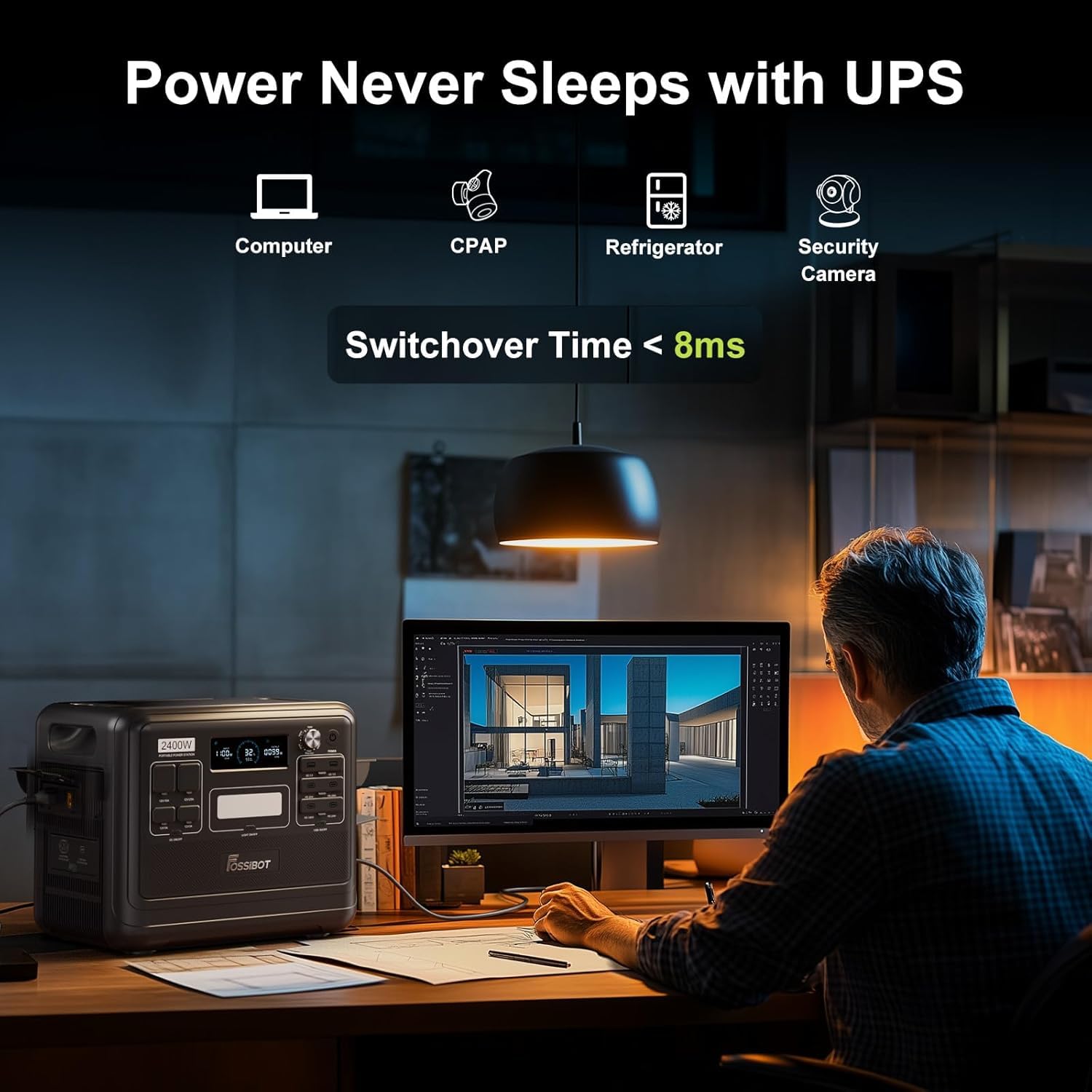 FOSSIBOT F2400 Station d'alimentation portable avec LiFePO4 2048 Wh, 3 sorties CA 2400 W (4800 W crête), générateur solaire 230 V AC/DC/USB C/QC3.0, générateur d'énergie mobile pour l'extérieur, le