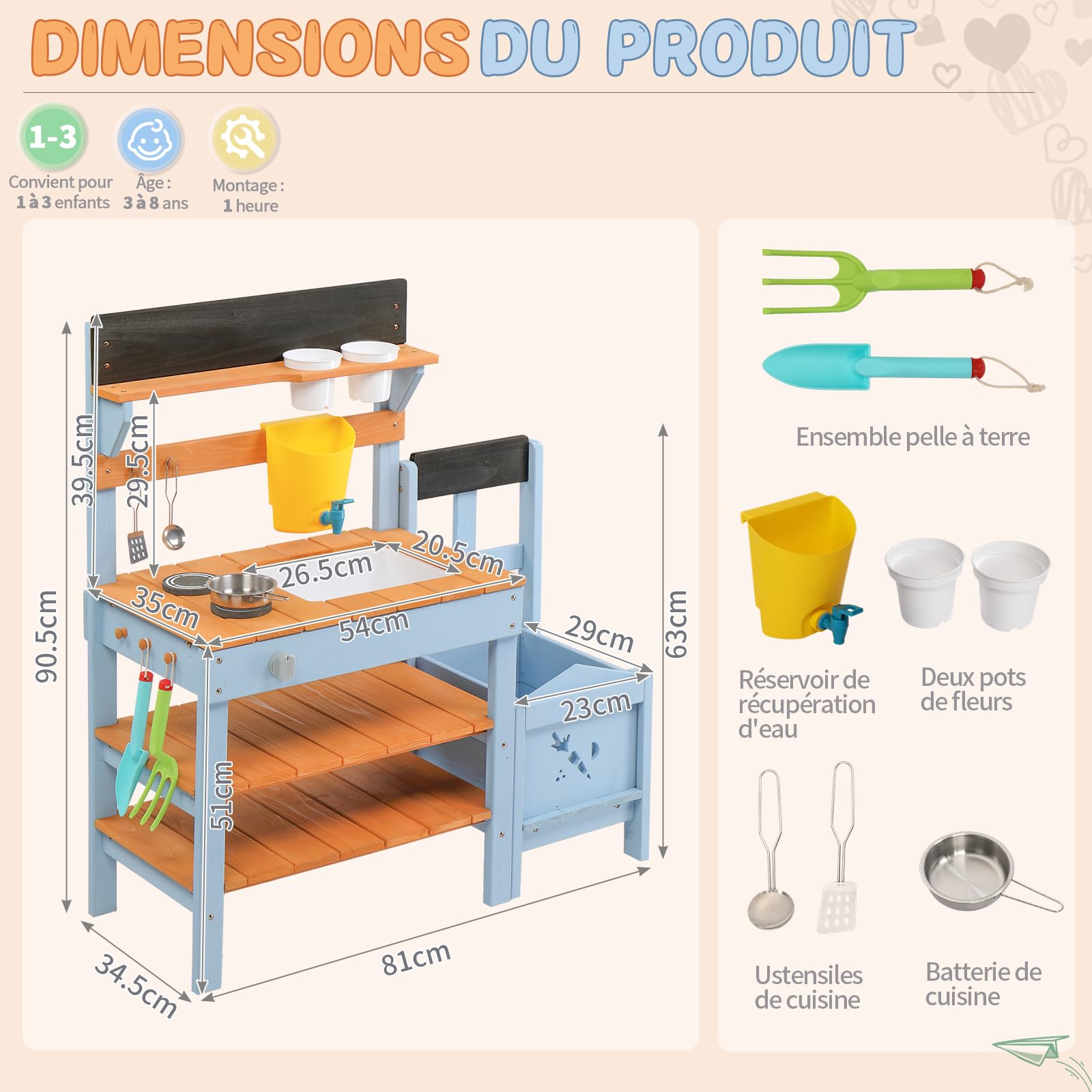 LEADZM Cuisine en Bois Enfant Extérieure avec Bac à Plantes, Jeux en Plein Air Cuisine avec Évier, Pots de Fleurs, Robinet, Cuisinière, Convient aux Enfants de 3 Ans et Plus, Bleue