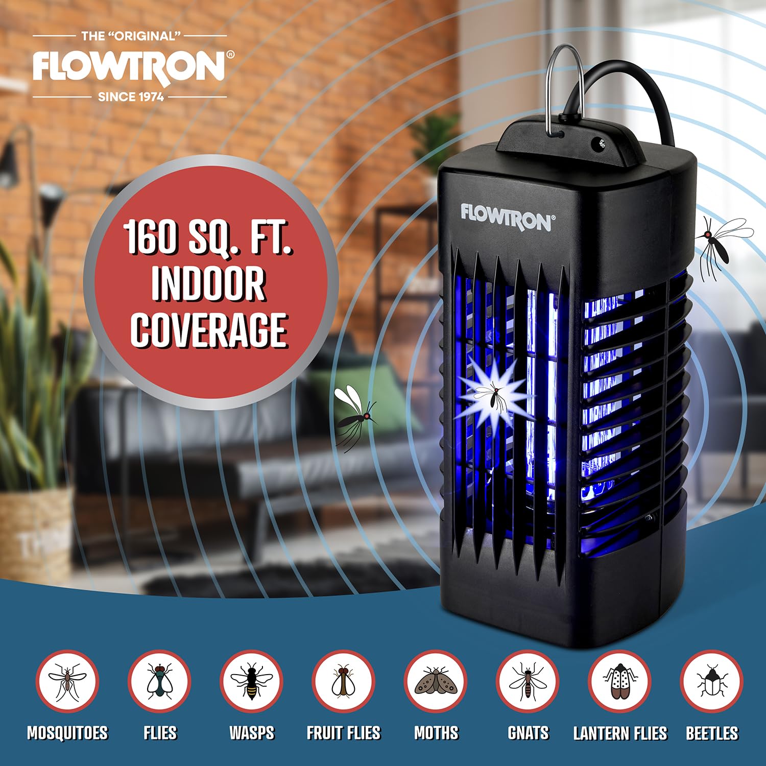 Flowtron Insektenvernichter für den Innenbereich, UV, 1000 V, 160 m², Schwarz | Passend für Küchen, Schlafzimmer und Büros, die einen stabilen Schutz benötigen – einfach in jede Steckdose stecken