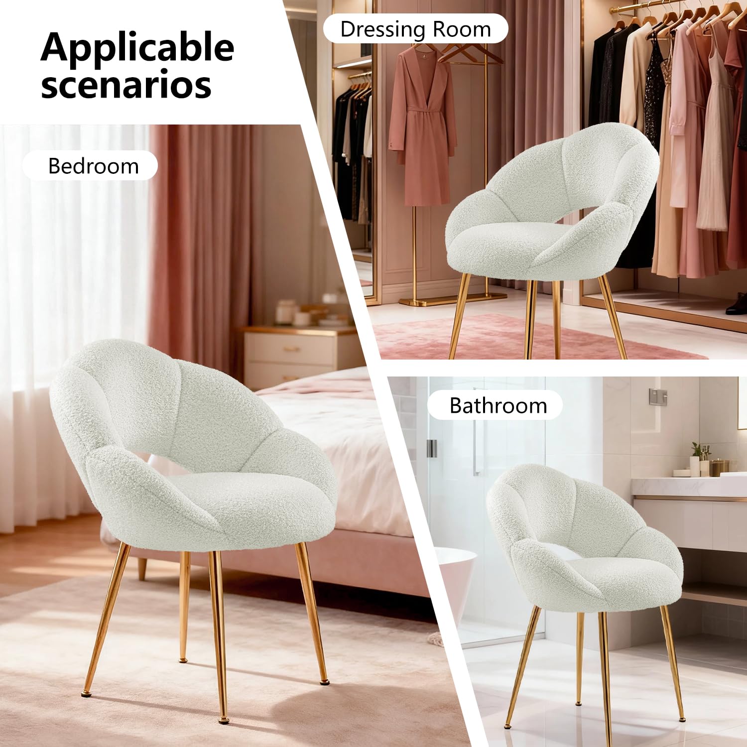 Sedia da Scrivania Imbottita e Comoda - Poltrona da Ufficio con Schienale Floreale - Sedia Moderna per Trucco in Tessuto Teddy - Oro e Bianco
