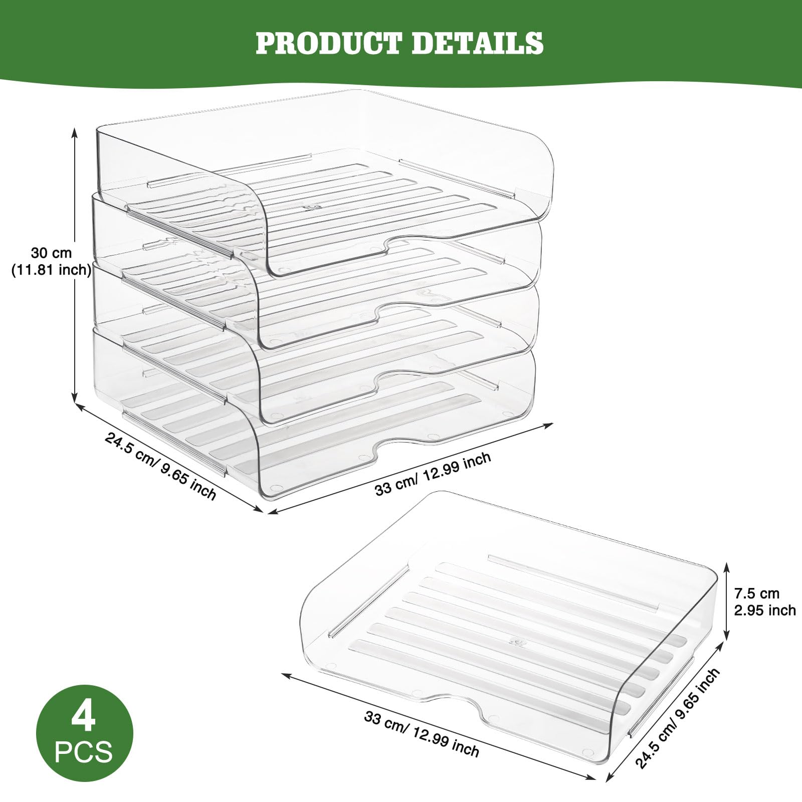 Greentainer Cesta de Almacenamiento de 4 Pisos para A4, Bandeja para Documentos de plástico, apilable, Bandeja para Cartas, Bandeja de Papel A4 para el hogar, Oficina, Escuela (4 Unidades