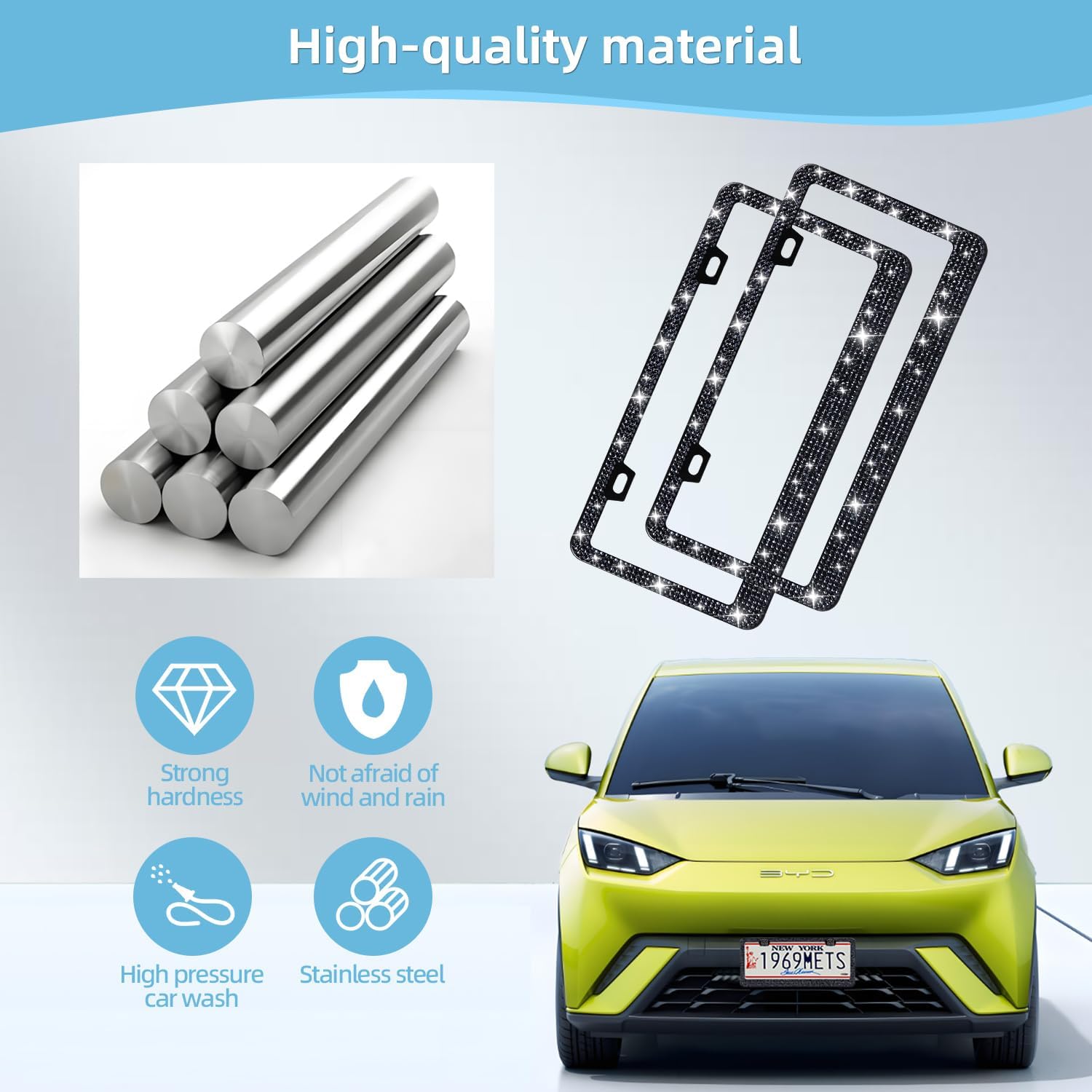 Condition photo showing New/Like New for EWBN Bling License Plate Frame for Women, Diamond Car Accessories License Plate Holder,Sparkly Rhinestone Premium Stainless Steel License Plate Cover with Glitter Crystal Caps 2pcs?Black? Black 1