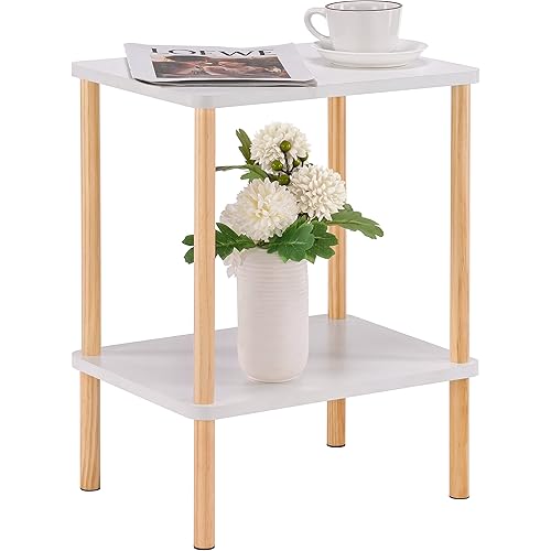 Apicizon 2 Tier End Table, Small Side Table with Solid Wood Legs, Boho Bedside Table with Storage Shelf, Nightstand for Small Spaces, Bedroom, Living Room, Entryway, Easy Assembly, White+Natural