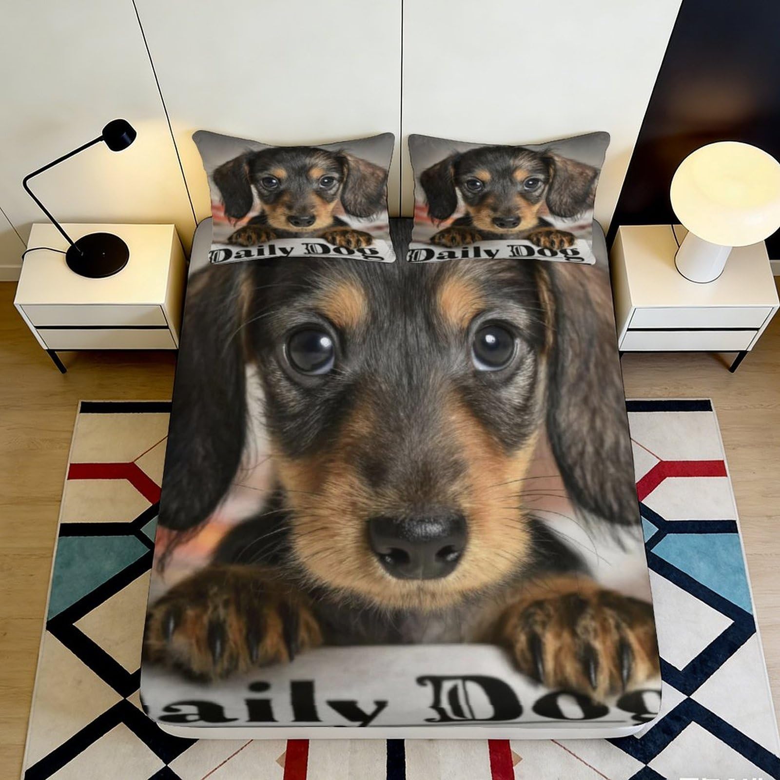 3D Printed Dachshund Dog Fitted Sheet Microfiber Soft Washable Puppy Bed Cover for Bedroom Guest Room Decor 90x200x25cm