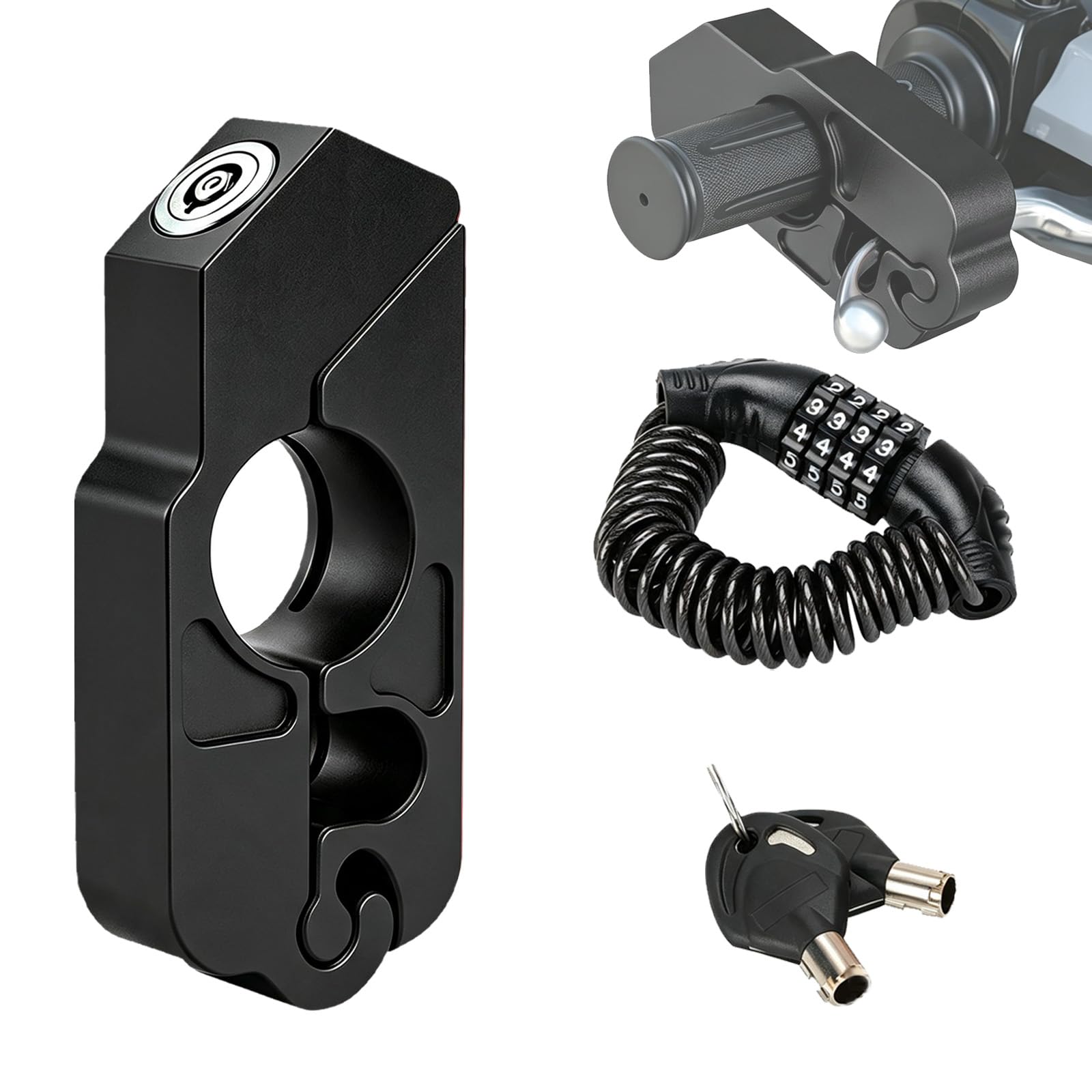 Motorcycle Handlebar Brake Lever Lock, Black Aluminum Security Grip Lock with 4‑Digit Helmet Cable Lock &amp; 2 Keys, Universal Anti‑Theft Accessory for Dirt Bike, Scooter, ATV