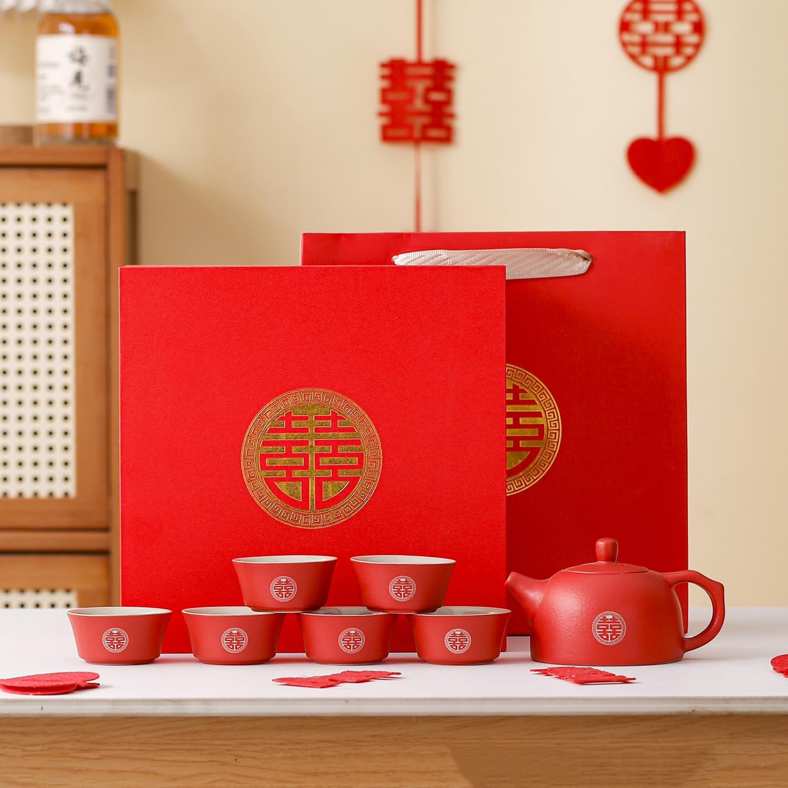 Regalo de boda, chino doble felicidad rojo boda té, hecho a mano cerámica 1 tetera 6 tazas para recién casados, amigos chino tradicional boda decoración suministros