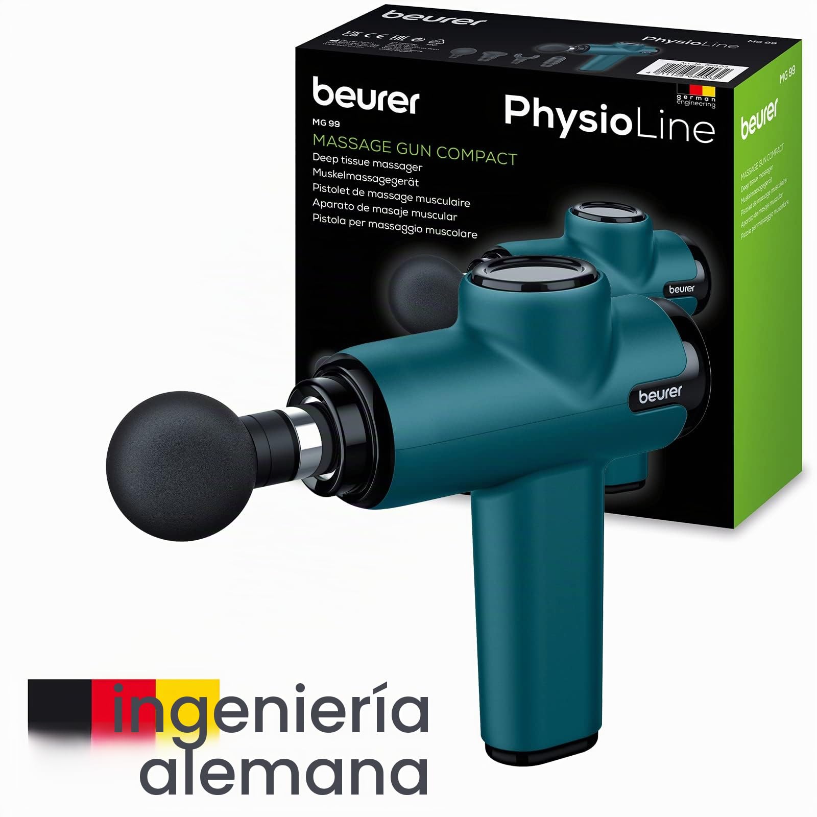Beurer MG99 - Pistola de masaje compacta, mini masajeador de tejido profundo con 4 accesorios, potente masaje de punto de disparo para aliviar la tensión, masajeador de mano con 5 niveles de