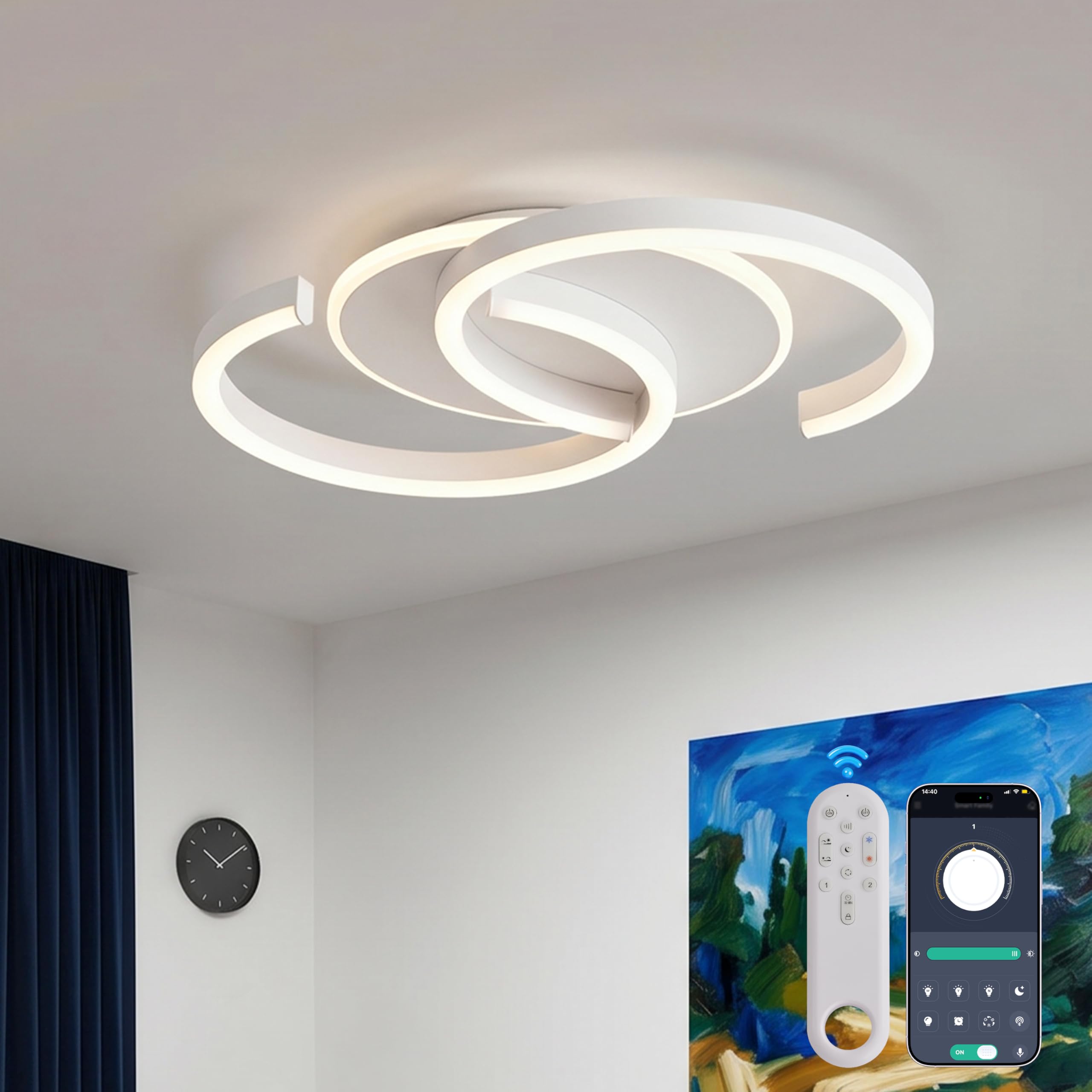Meloweel LED Deckenleuchte Dimmbar weiß schwarz „S“ 2-Ringe, 40 50 60cm Farbtemperatur 3000-6000K, Helligkeit 2-40W, Mit Fernbedienung/Mobile APP, Memory-Funktion, 2-4W Nachtlicht, Timer-Funktion