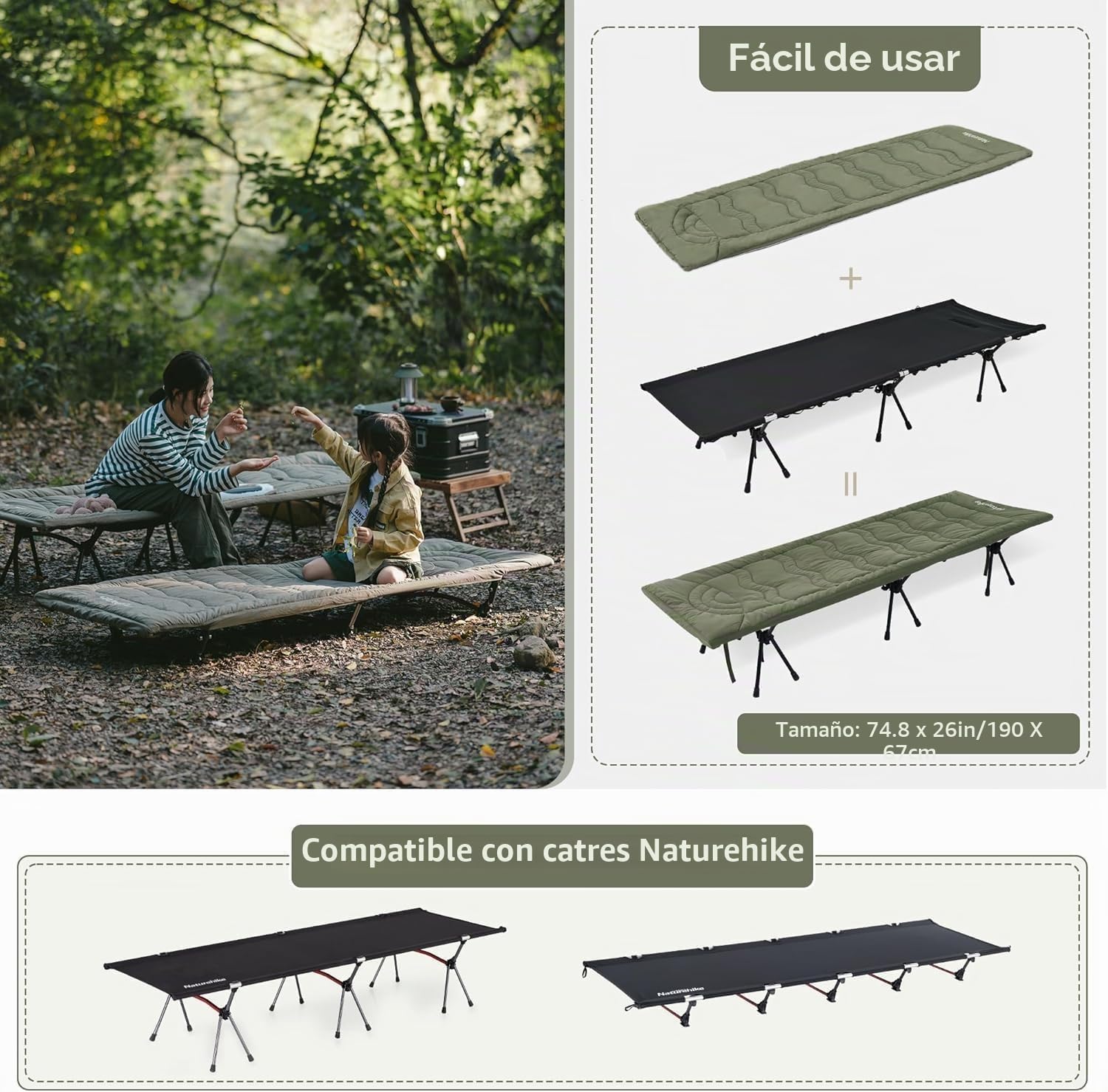 Naturehike Cojín para cama de campo, 190 x 67 cm, colchón de camping multiusos para cama de campamento, tumbona de jardín, tumbona también como esterilla de dormir o manta de viaje, para camping