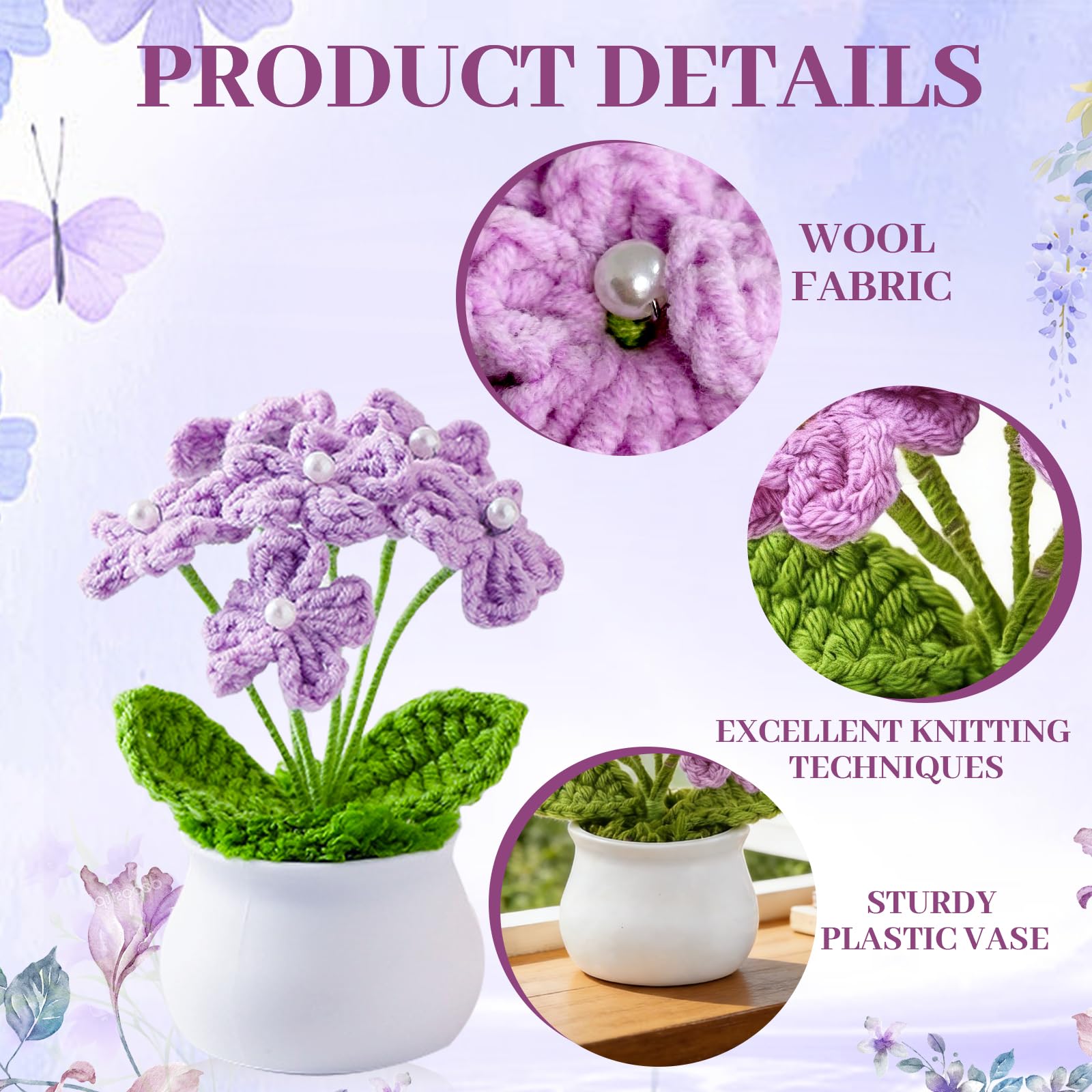 Fleur Crochet Tricotées Peluche Faites à Main Petites Plantes Pot pour Maison Bureau (Violet)