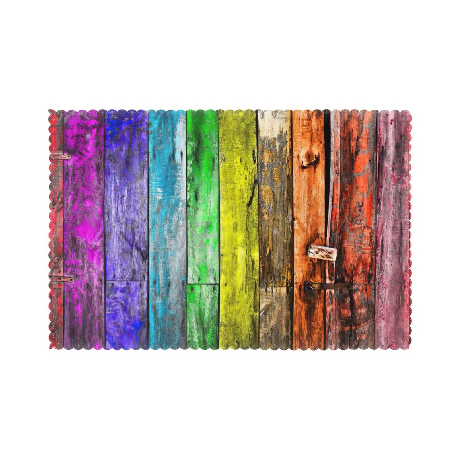 Paint Wooden Boards Print Placemats Set Of 6, 12x18 Inch Polyester Washable Heat Resistant Kitchen Dining Table Mats