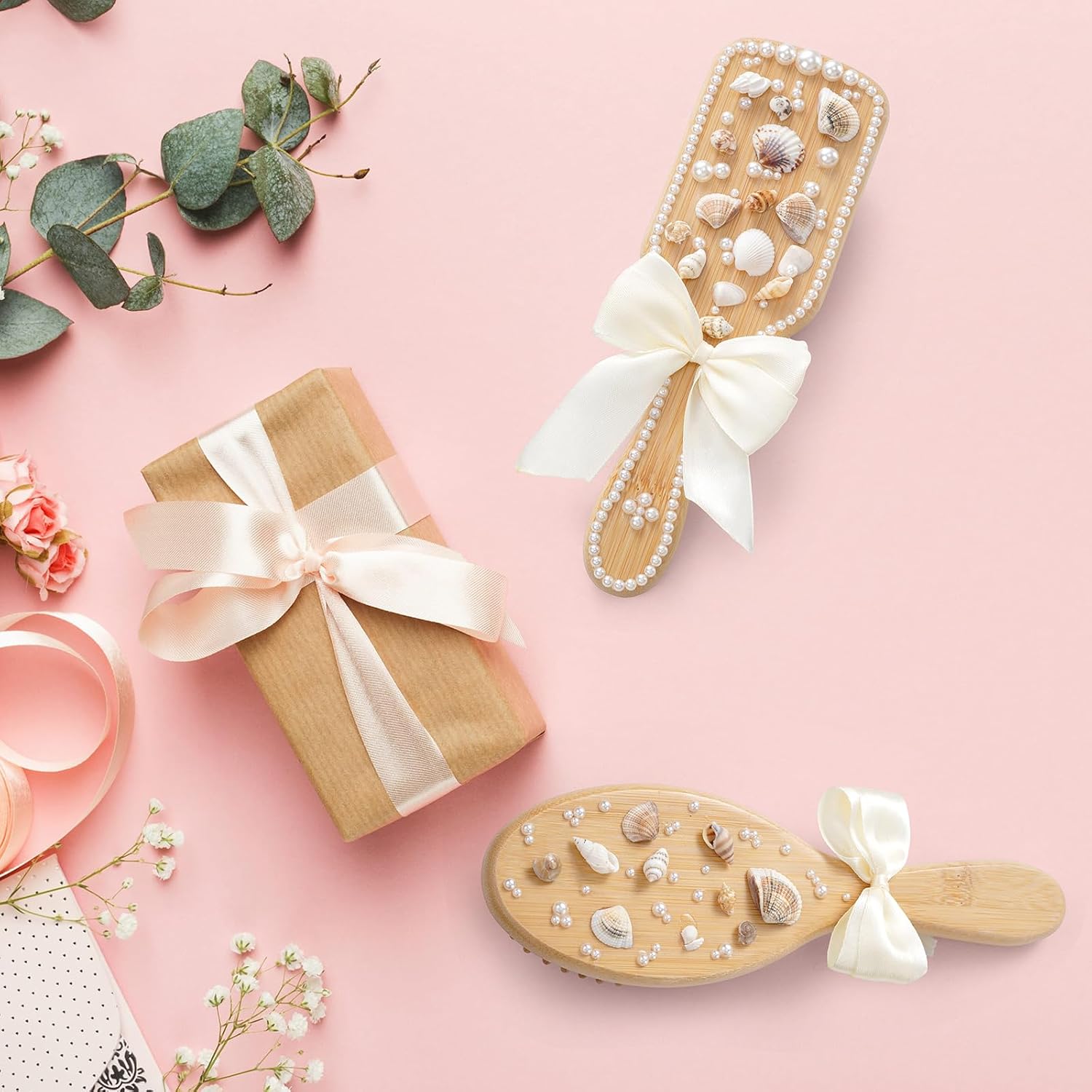 12 Set DIY Wooden HairBrush Decorating Kit 7.87'' Hair Brush Pearls Shells Ribbons Make Your Own Bamboo Hairbrush Gift for Wedding Birthday Summer Girls Night Party, Square and Oval