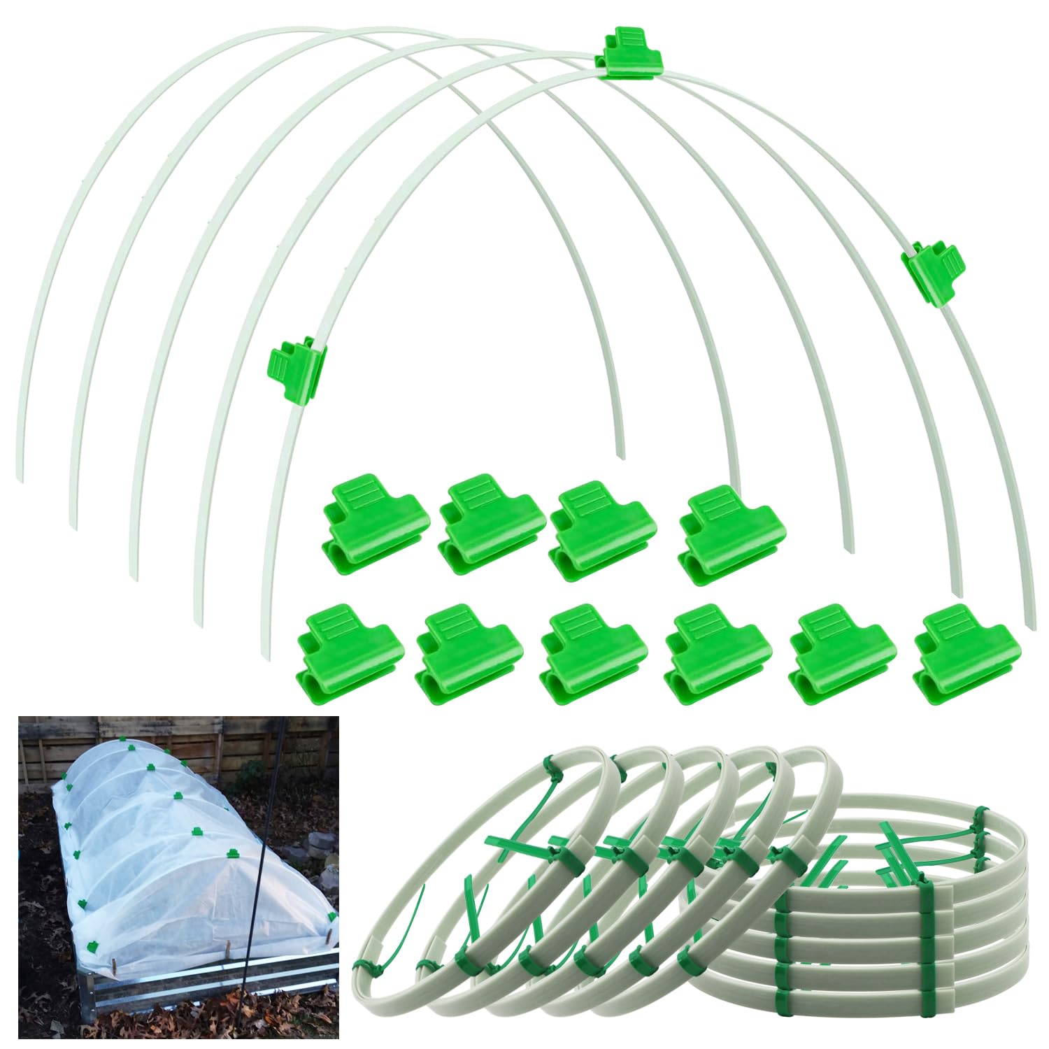 Greenhouse Hoops for Raised Beds 10 Pcs 6.56FT Grow Tunnel Garden Hoops Detachable Fiberglass Support Hoops Frame for Garden Fabric with 30 Pcs Garden Clips