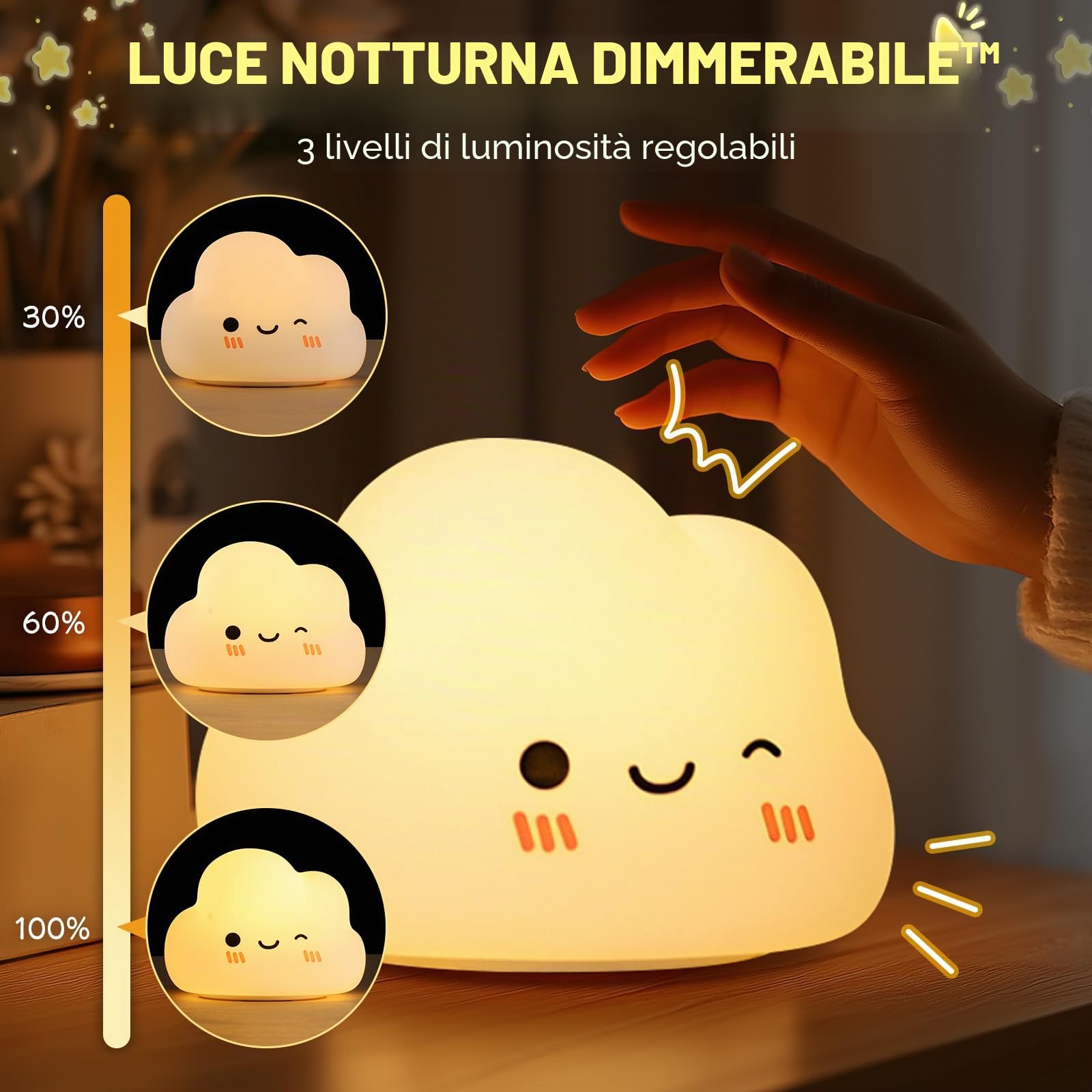 Diboniur Luce Notturna Bambini, Luce Notturna Neonato Ricaricabile, 7 Colori 3 Luminosità, Silicone Lampada Notturna per Bambini, Deco Cameretta Bambina (Nuvole)