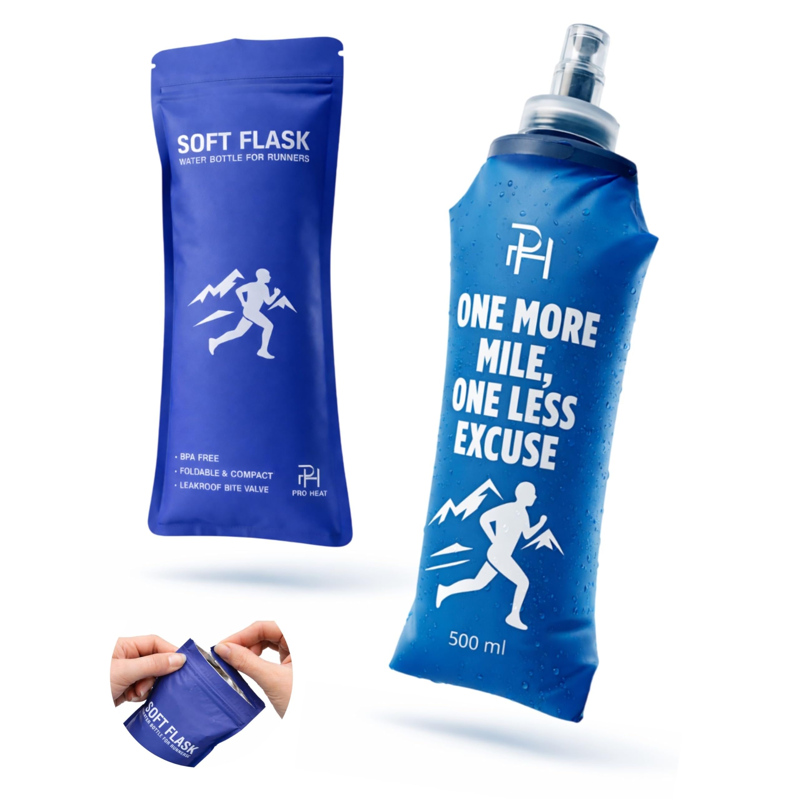 Ph Pro Heat Borraccia Morbida Running – 1 Soft Flask 500 ml Blu - Bottiglia Pieghevole e Flessibile per Trail, Ciclismo o Escursionismo - Esente da BPA.