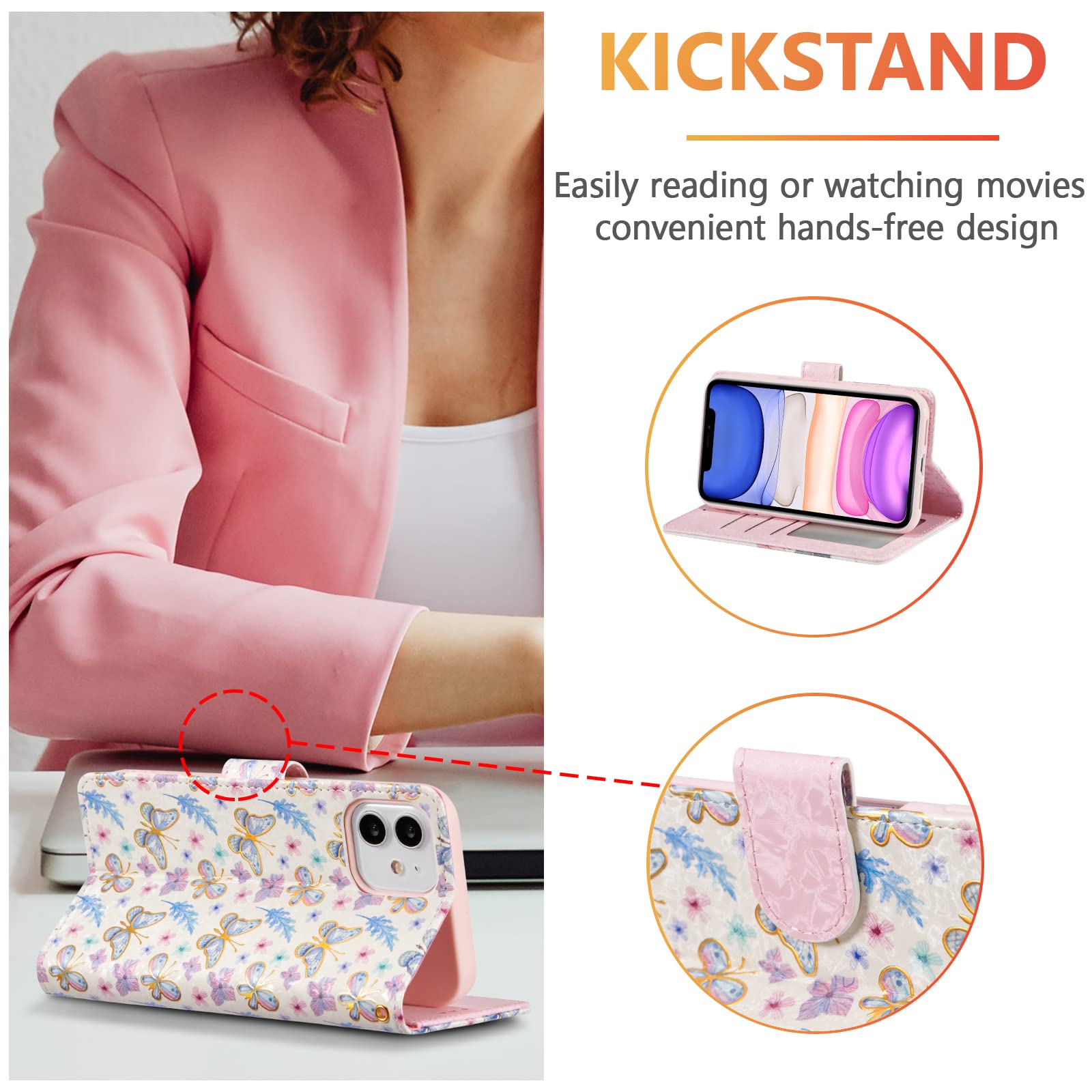 UEEBAI Wallet Case for iPhone 11 6.1 inch, PU Leather Phone Case Kickstand RFID Blocking Flip Case with Card Slots Wrist Strap Relief Engraved Pattern Magnetic Closure Folio Case - Butterfly