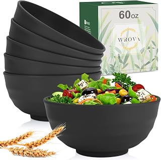 Wrova Unbreakable Wheat Straw Cereal Bowls Set of 6 (60oz Each) - Microwave & Dishwasher Safe, BPA-Free Black Bowls for Soup, Salad, Camping
