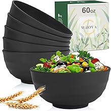 Wheat Straw Bowls Set 60 OZ Unbreakable Large Cereal Bowls Set of 6 Microwave and Dishwasher Safe Bowls Big Bowls for Eating BPA Free Eco Friendly Soup Bowl for Serving Oatmeal and Salad. Black